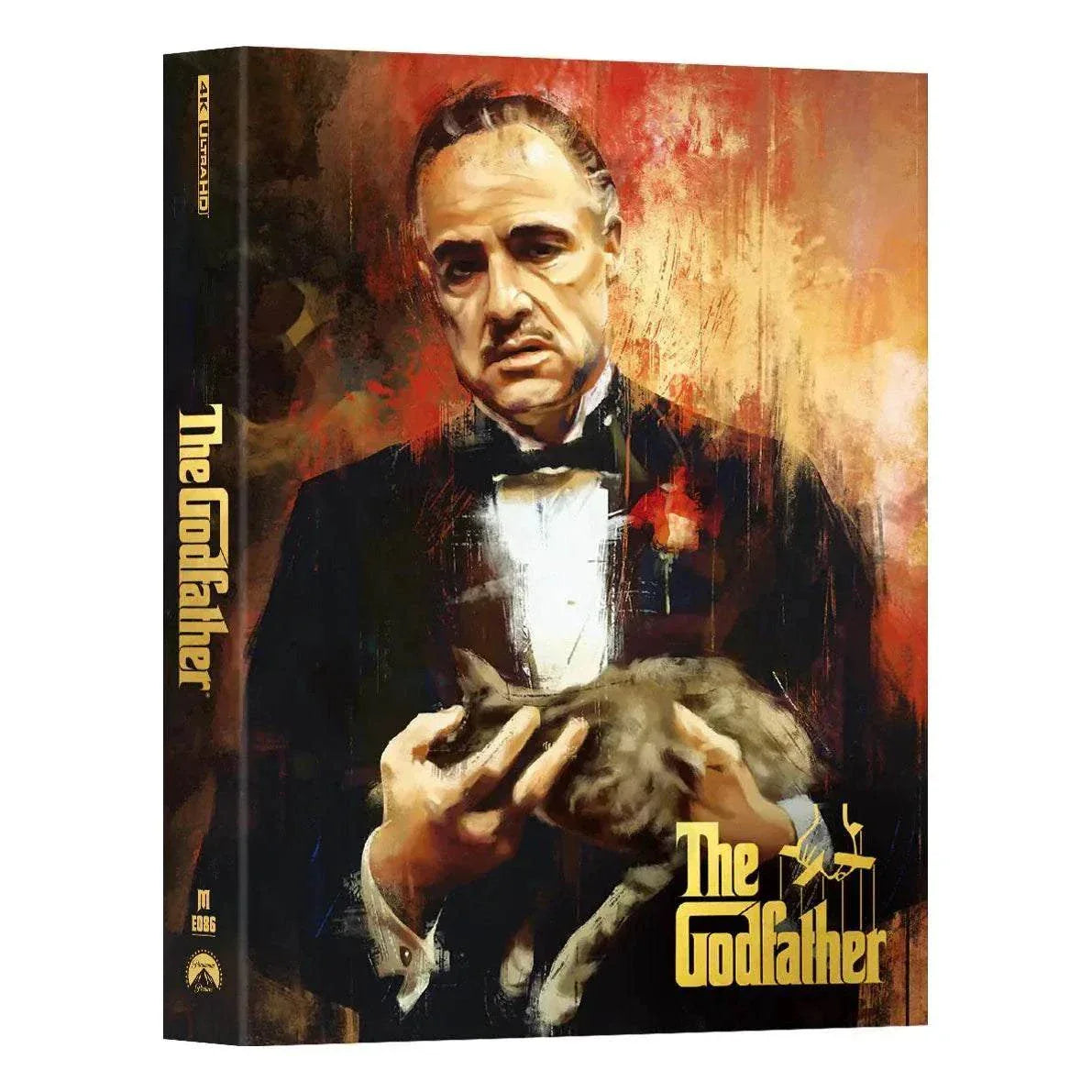 The Godfather Steelbook 4K UHD and Blu-Ray full slip edition with painted cover artwork of the main character holding a cat
