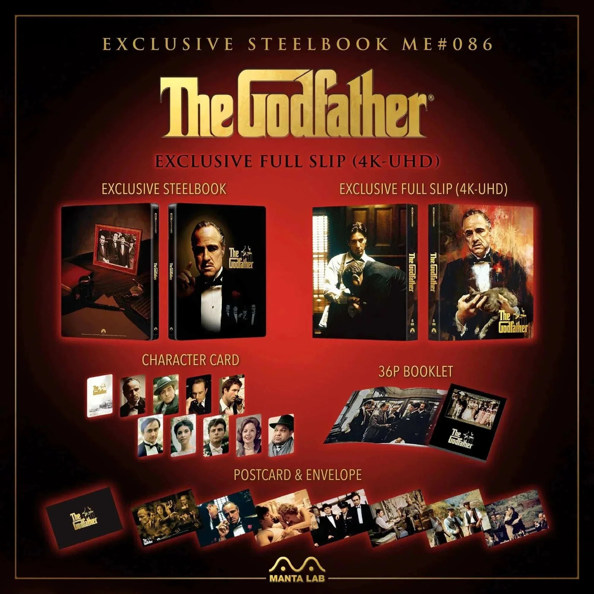 The Godfather Steelbook 4K UHD and Blu-Ray full slip edition with booklet, character cards, postcards, and exclusive numbering sticker