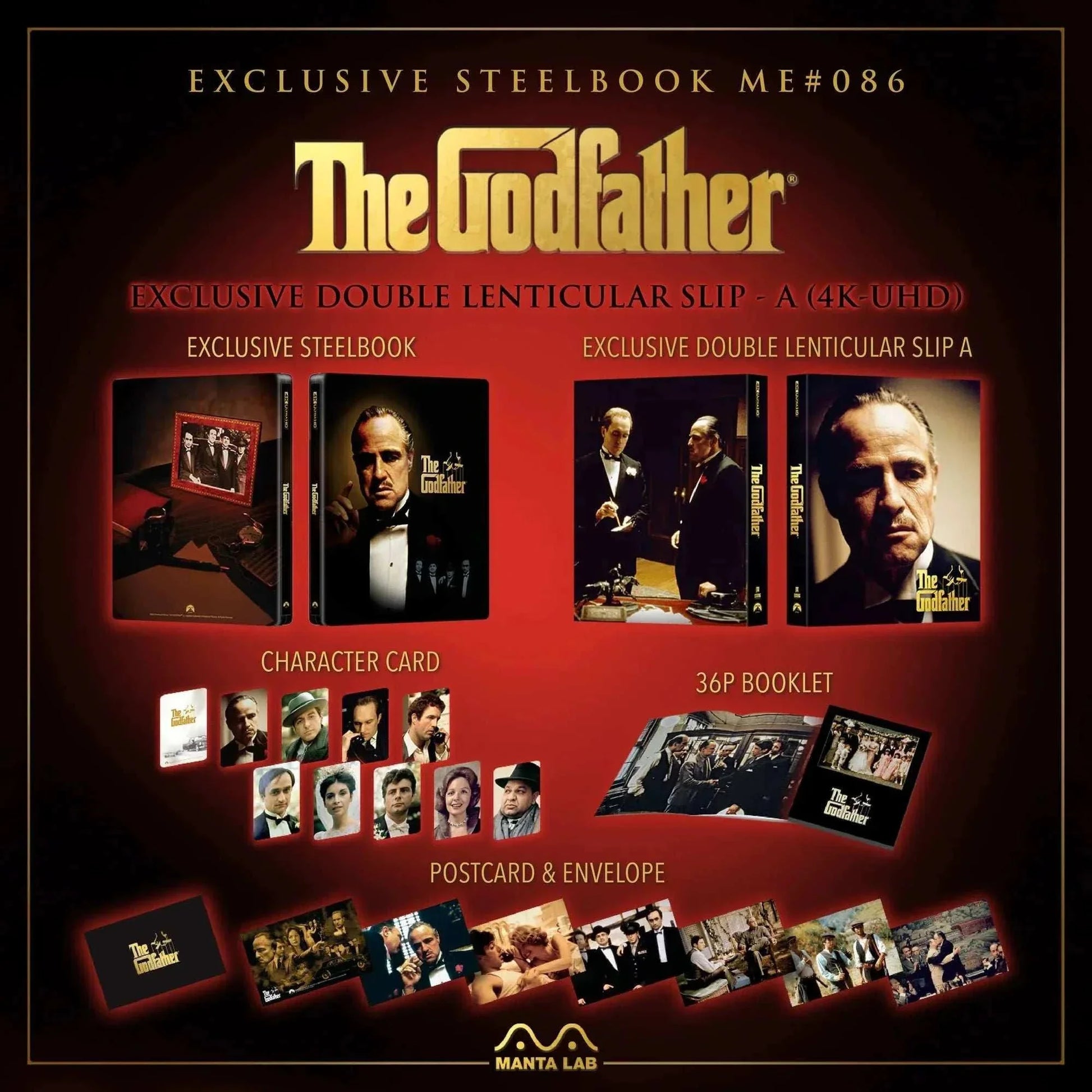 The Godfather Steelbook pre-order edition with exclusive double lenticular slip, character cards, 36-page booklet, postcards, and envelope, limited numbered release.