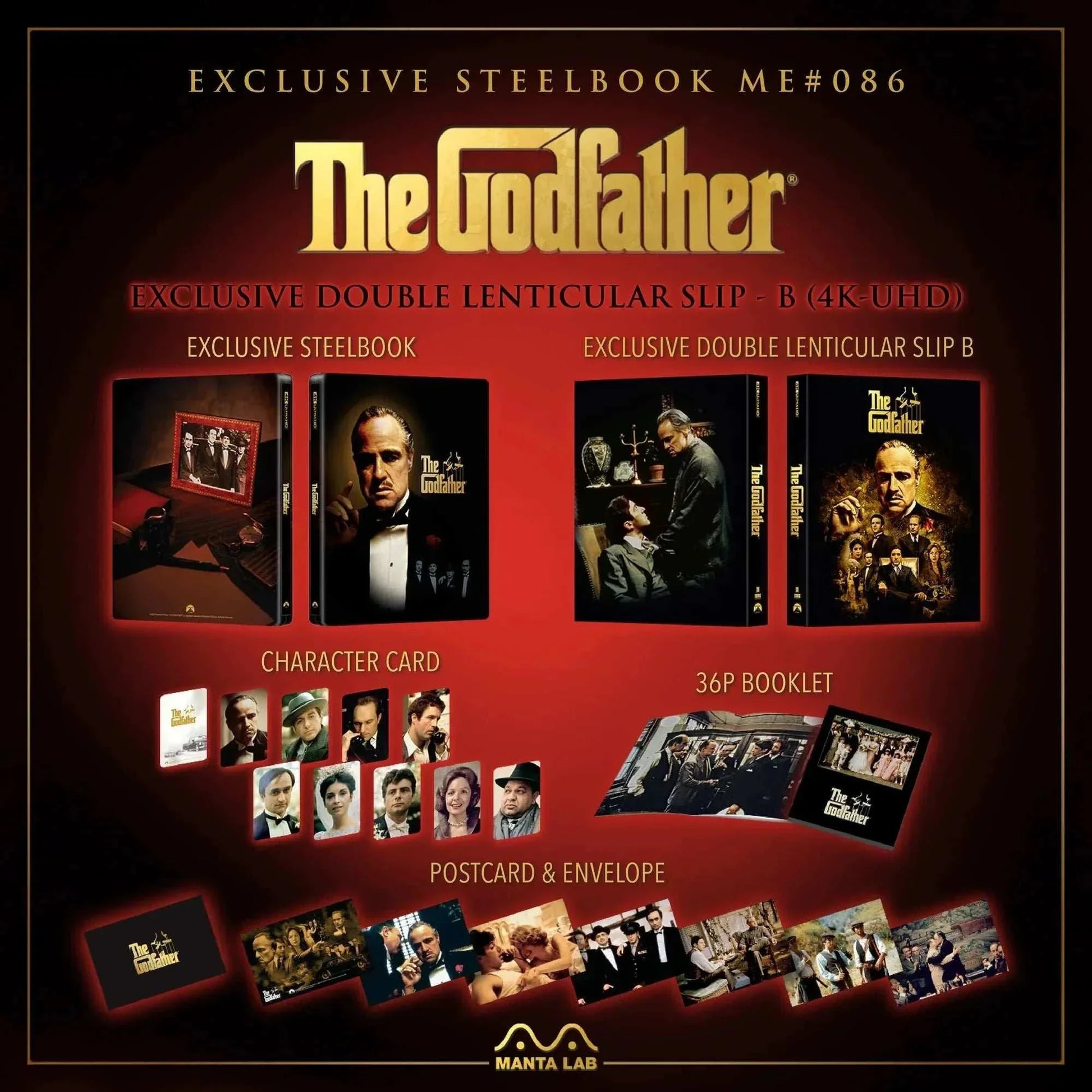 The Godfather Steelbook 4K UHD and Blu-Ray exclusive double lenticular slip edition with booklet, character cards, postcards, and envelope