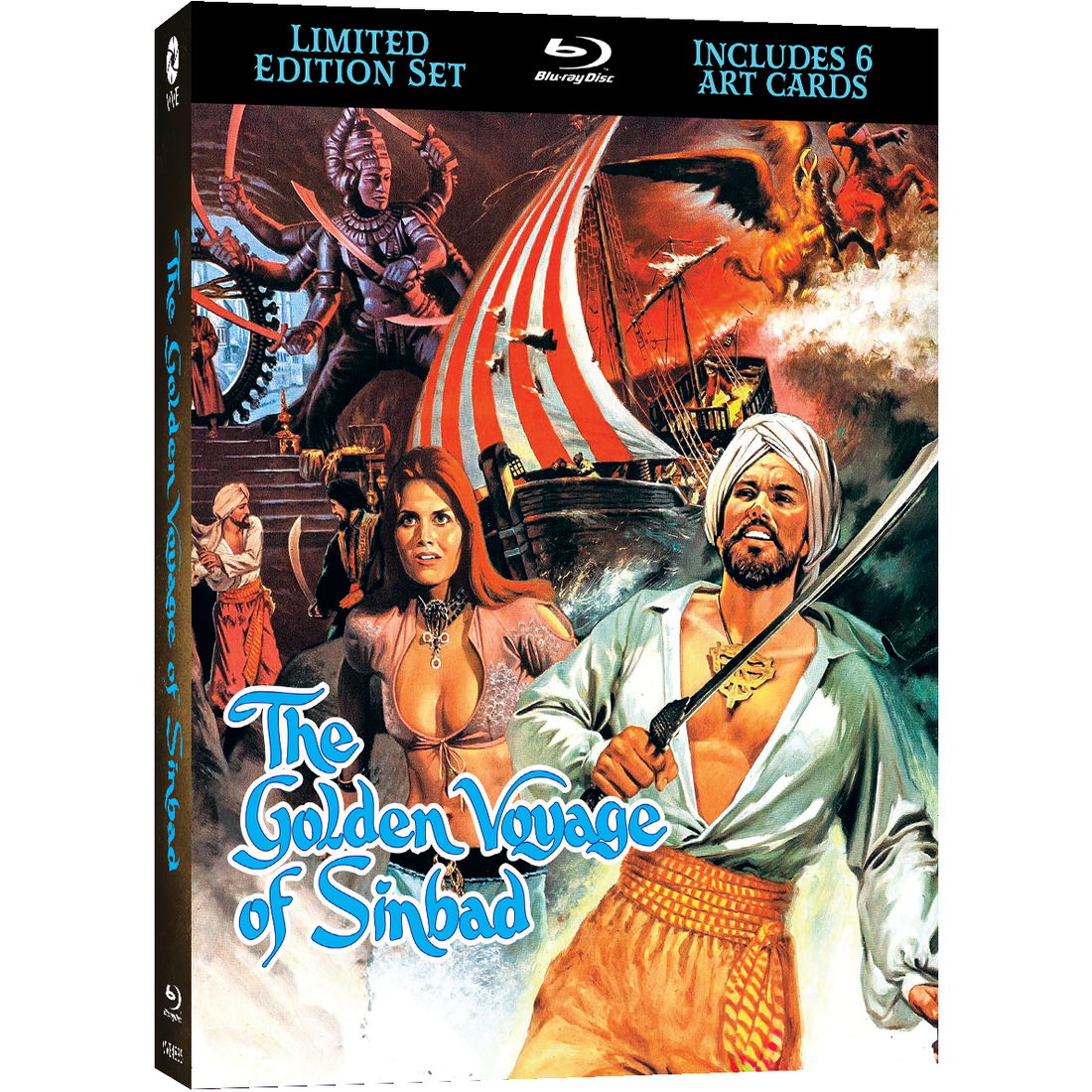 The Golden Voyage Of Sinbad 1973 limited edition Blu-ray with 3D lenticular hardcase, art cards, and movie disc showcasing mythological adventure and special effects.