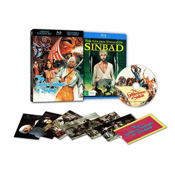 The Golden Voyage Of Sinbad 1973 limited edition Blu-ray with 3D lenticular hardcase, art cards, and movie disc showcasing mythological adventure and special effects.
