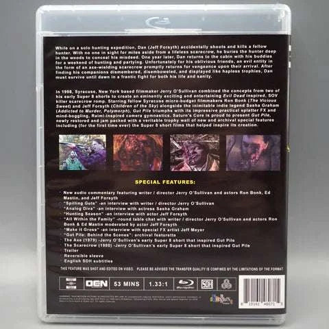 Blu-ray cover for "Saturn's Core - Gut Pile," showcasing horror movie synopsis and special features.