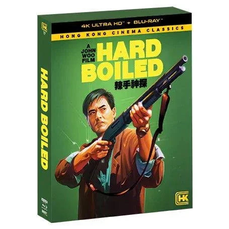 Hard Boiled Deluxe Edition 4K UHD and Blu-Ray Hong Kong cinema action film cover featuring Chow Yun-fat aiming with a shotgun