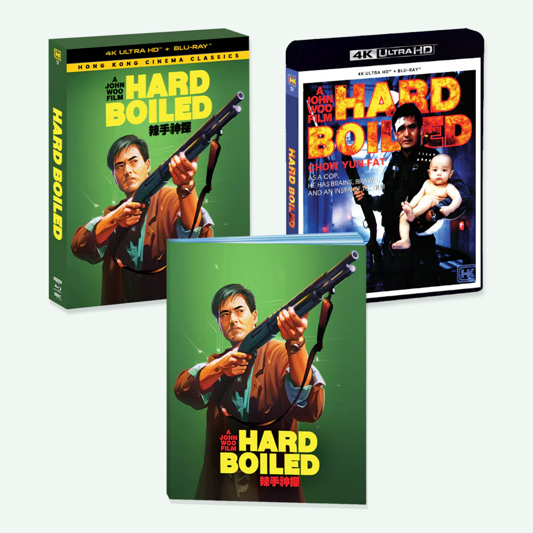 Hard Boiled Deluxe Edition 4K UHD and Blu-Ray set with illustrated cover featuring Chow Yun-fat holding a shotgun and bonus booklet, Hong Kong cinema classic.