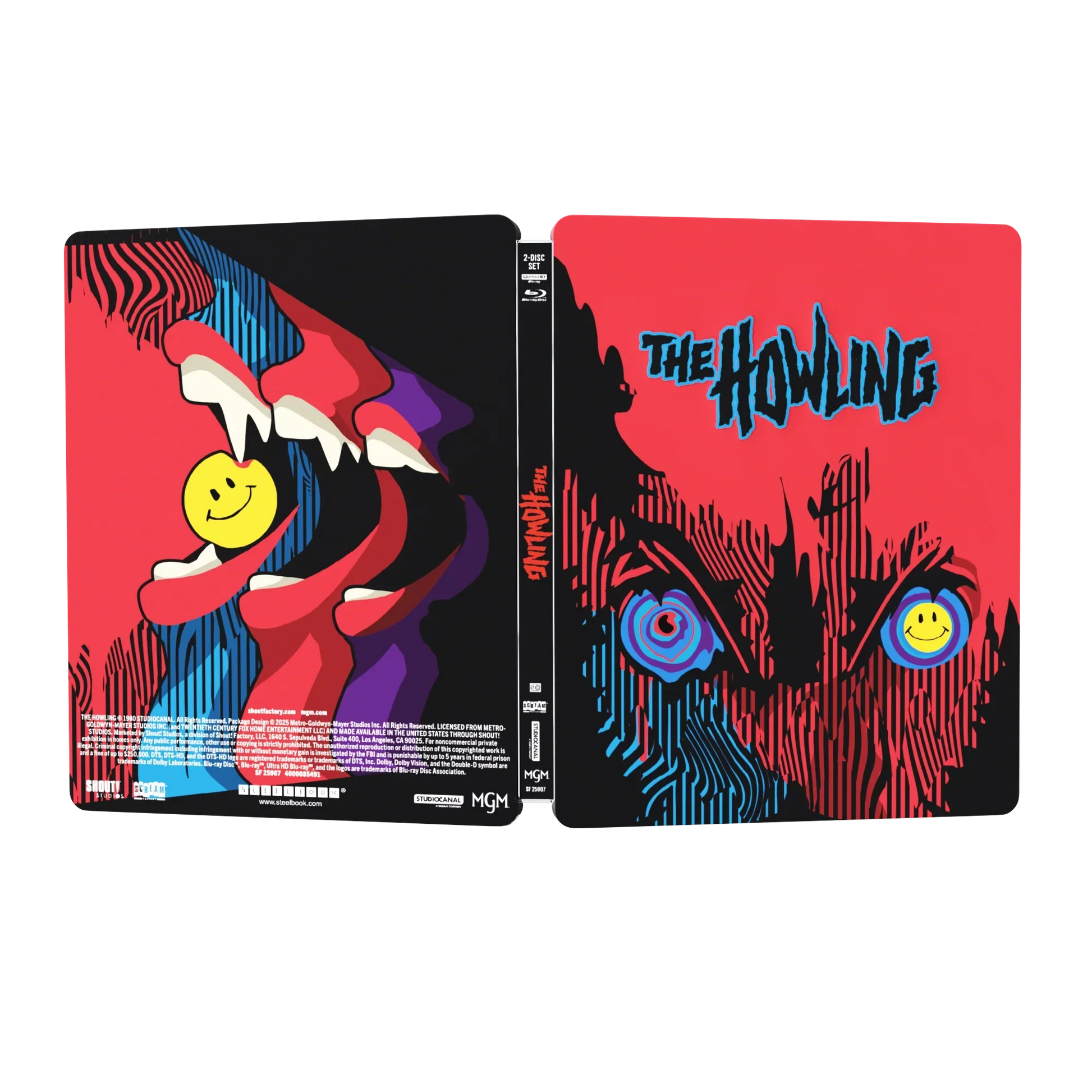 PRE-ORDER The Howling Limited Edition Steelbook 4K UHD and Blu-Ray with vibrant red and black werewolf design and smiley face icon