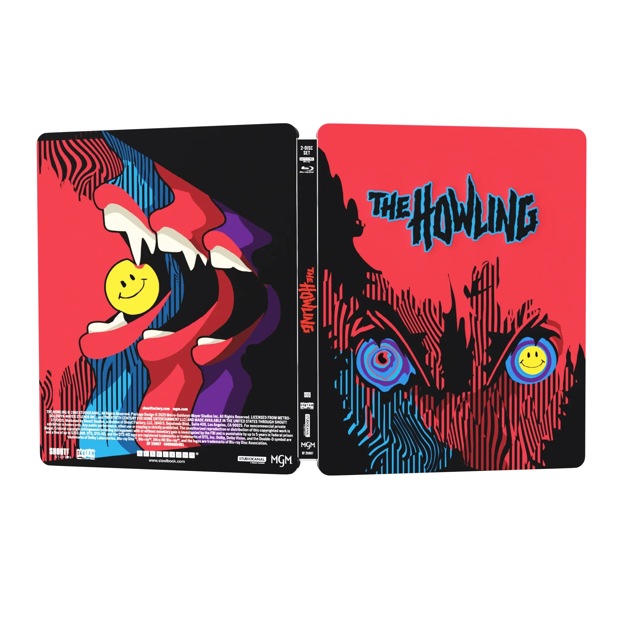 PRE-ORDER The Howling Limited Edition Steelbook 4K UHD and Blu-Ray with vibrant red and black werewolf design and smiley face icon