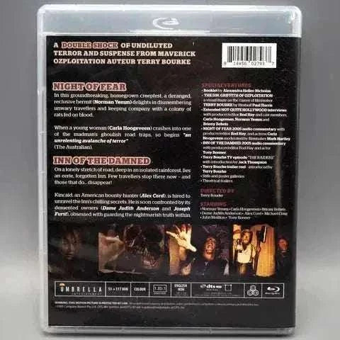 Blu-ray cover for "Inn of the Damned + Night of Fear" by Umbrella Entertainment, featuring synopsis and Ozploitation horror imagery.