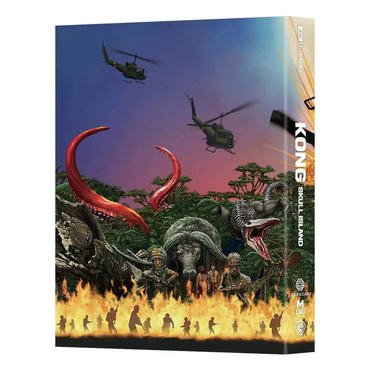 Kong: Skull Island 4K UHD and Blu-Ray steelbook with full slip cover featuring helicopters, fiery landscape, and creatures from the film