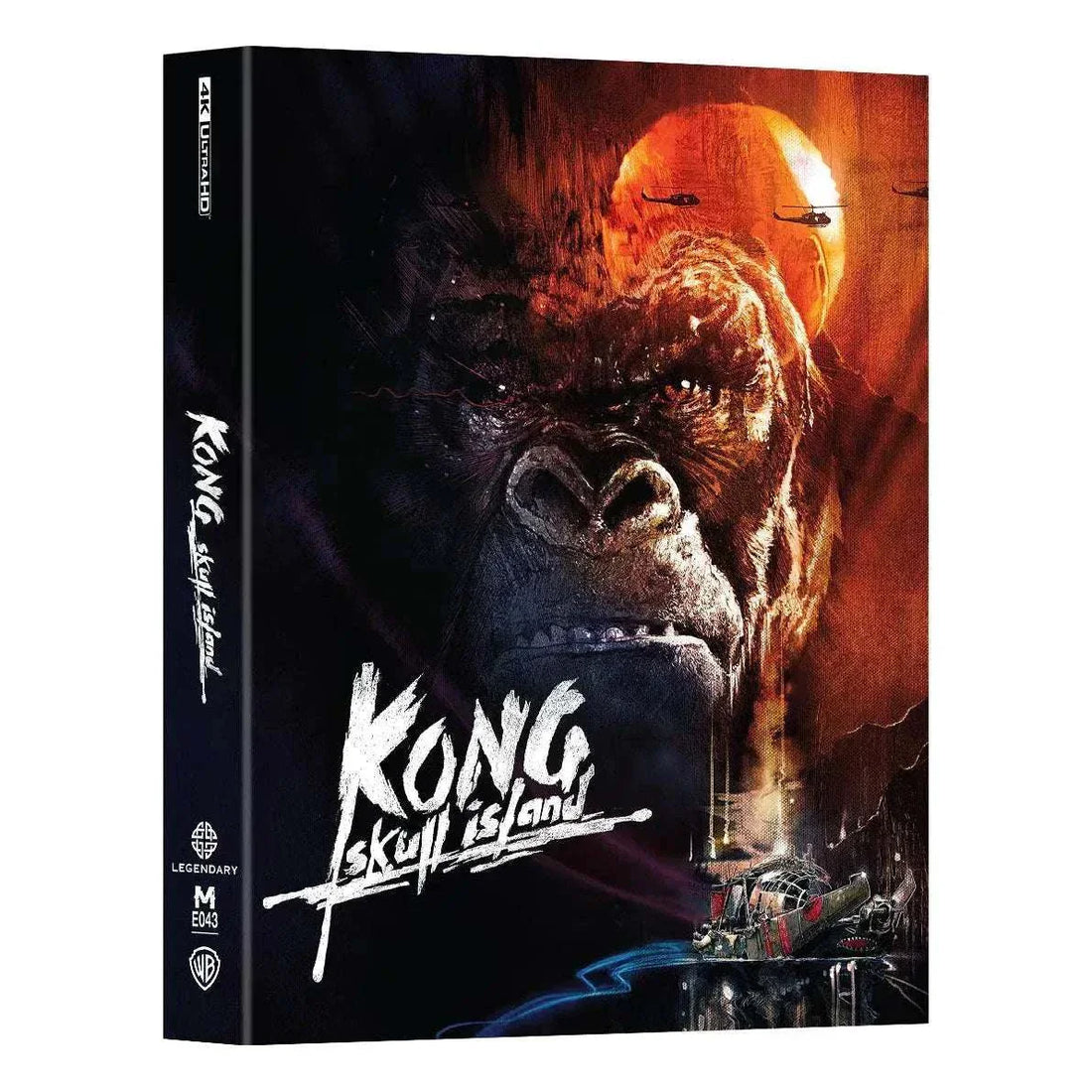 Kong Skull Island 4K UHD and Blu-Ray steelbook edition with sunset island scene and helicopters.