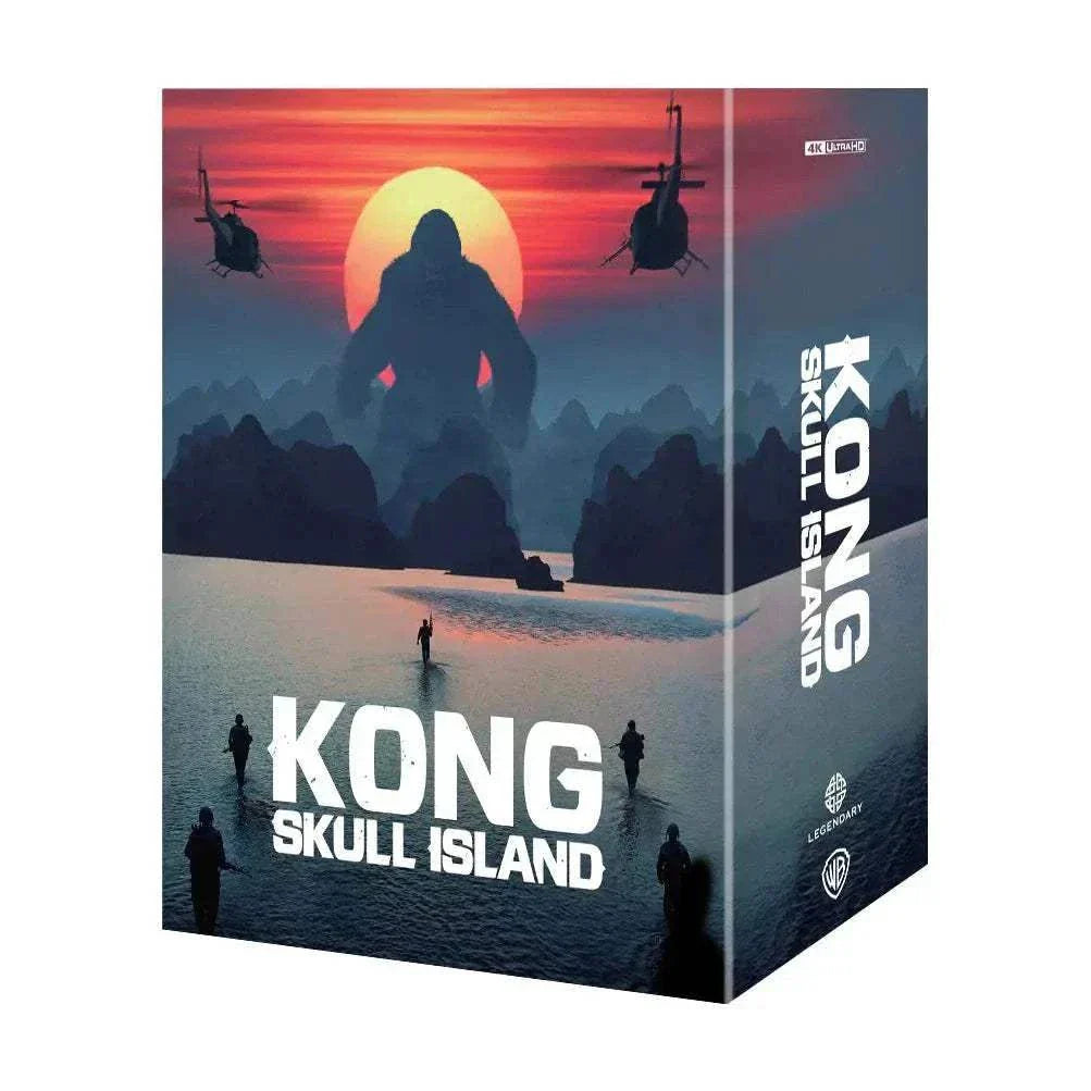 Kong Skull Island 4K UHD and Blu-Ray steelbook edition with sunset island scene and helicopters.