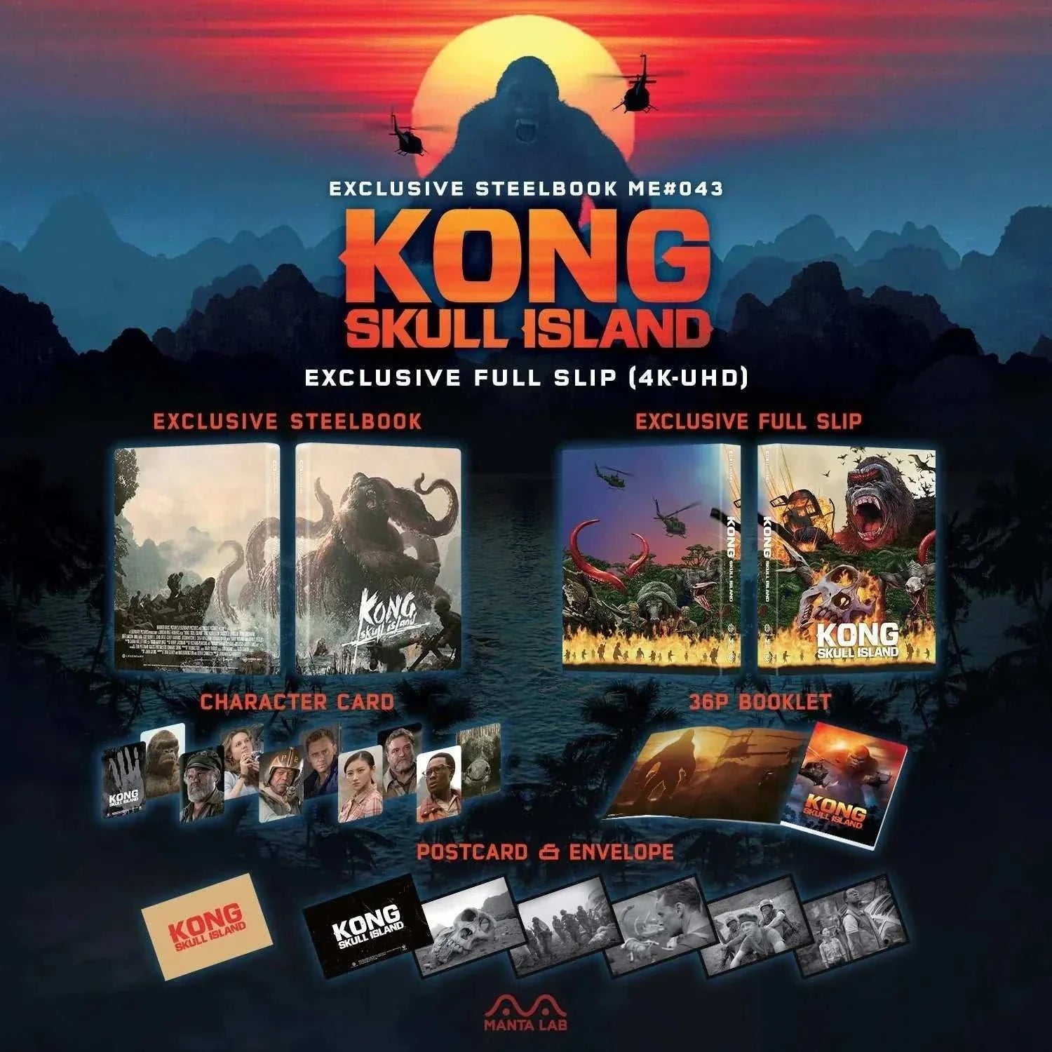 Kong: Skull Island 4K UHD and Blu-Ray steelbook set with exclusive full slip, character cards, 36-page booklet, postcards, and envelope against sunset background with helicopters and silhouette of Kong
