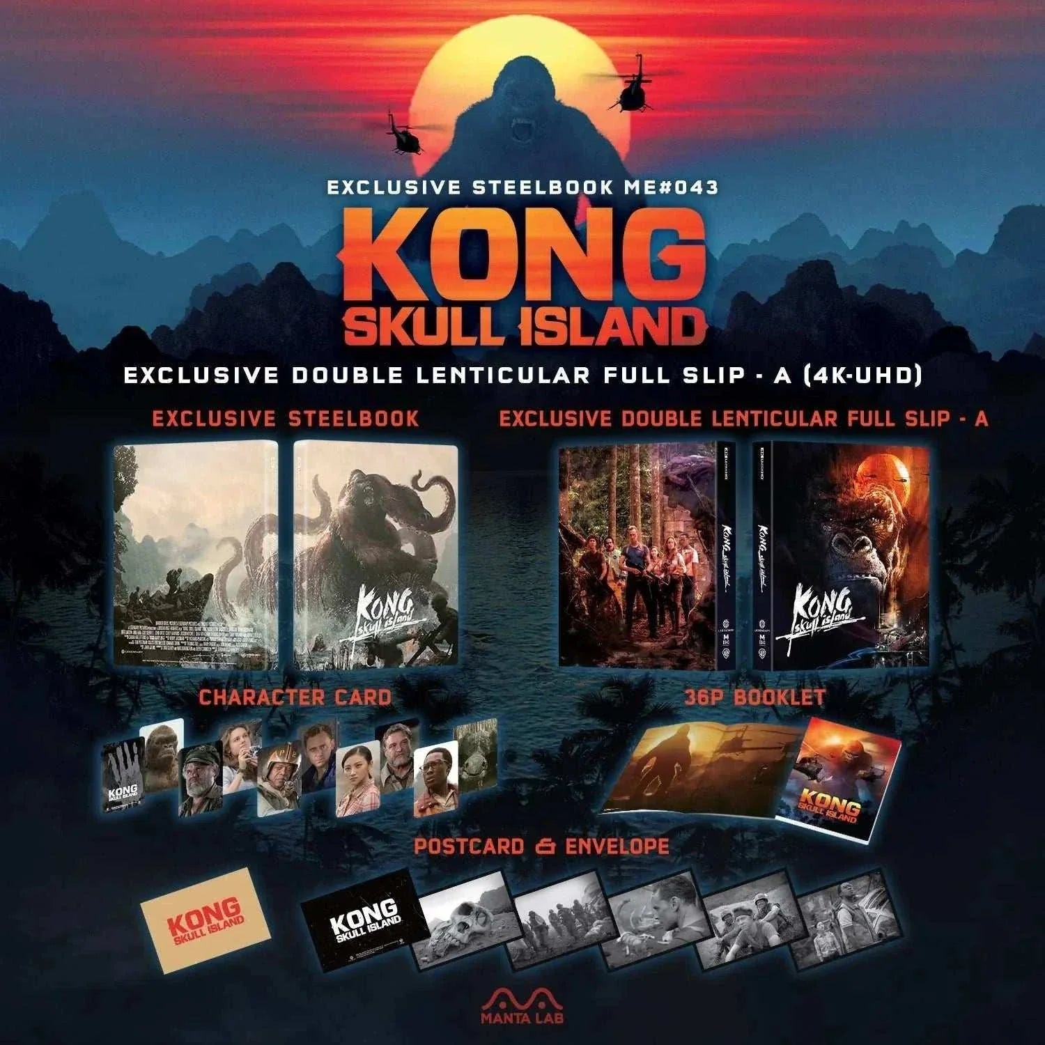 Kong Skull Island 4K UHD Steelbook edition with exclusive double lenticular slip, character cards, 36-page booklet, postcards, and envelope set against a sunset background with helicopters and Kong silhouette.