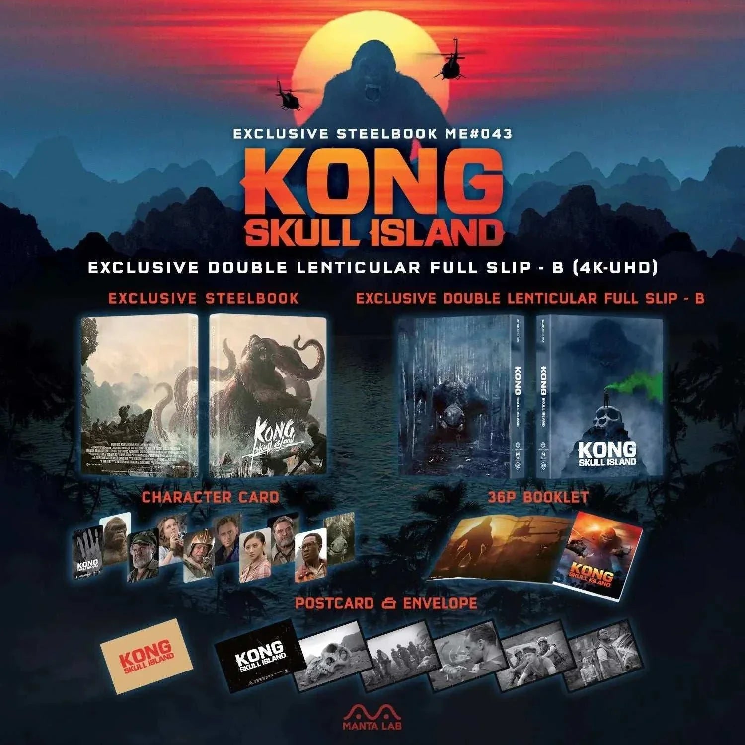 Kong: Skull Island 4K UHD and Blu-Ray exclusive steelbook with double lenticular full slip, booklet, character cards, postcards, and envelope.