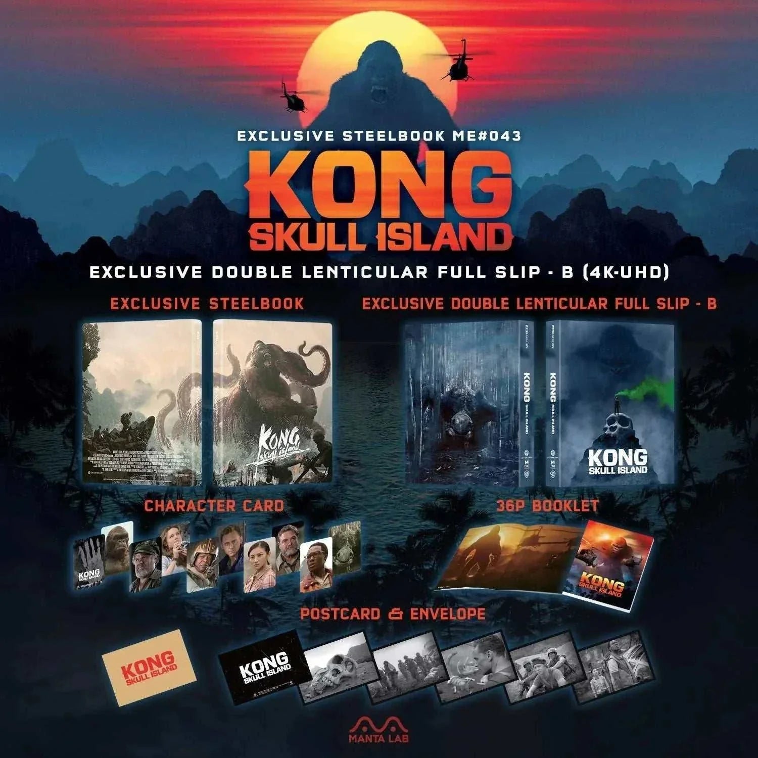 Kong: Skull Island 4K UHD Blu-Ray steelbook set with exclusive lenticular slip, character cards, booklet, postcards, and envelope
