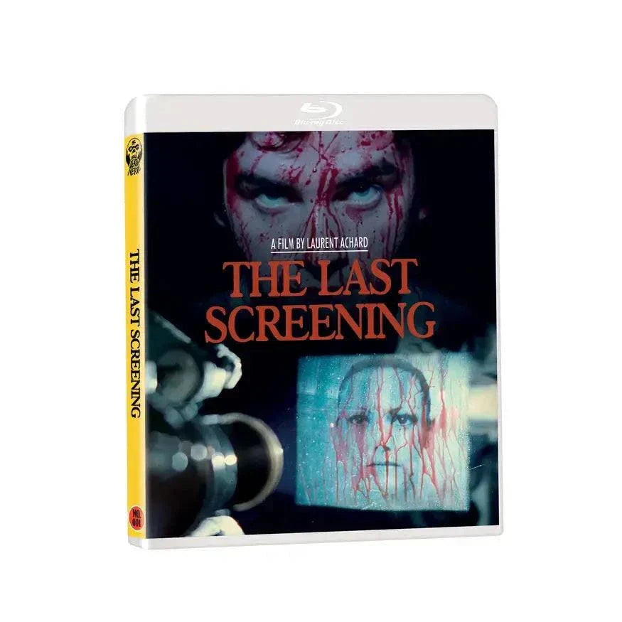 Blu-ray cover of The Last Screening with blood-spattered face and eerie film projection in limited edition slipcover.
