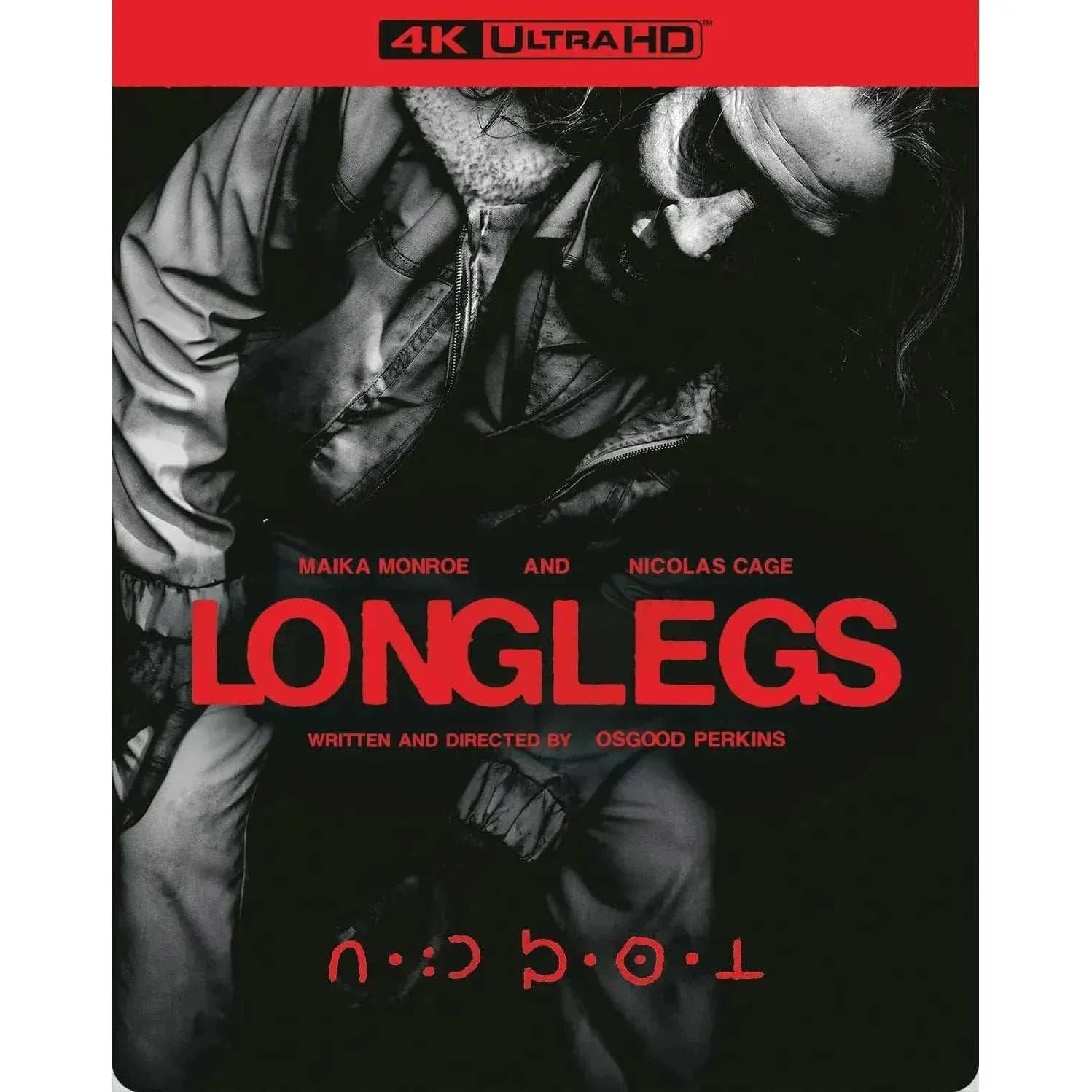 Longlegs 4K UHD Steelbook with Slipcover featuring Maika Monroe and Nicolas Cage, directed by Osgood Perkins.