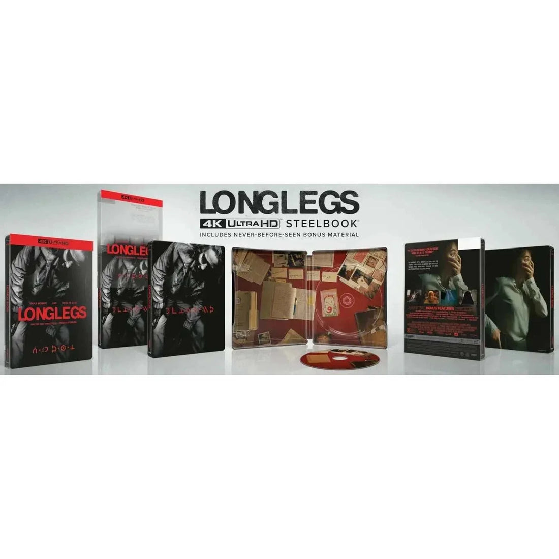 Longlegs 4K UHD Steelbook with Slipcover featuring Maika Monroe and Nicolas Cage, directed by Osgood Perkins.