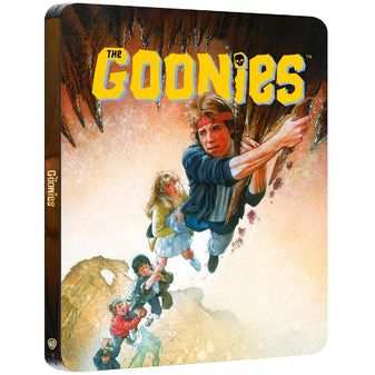 The Goonies Limited Edition UK steelbook 4K UHD Blu-Ray with debossed title showing adventurous group climbing in cave artwork