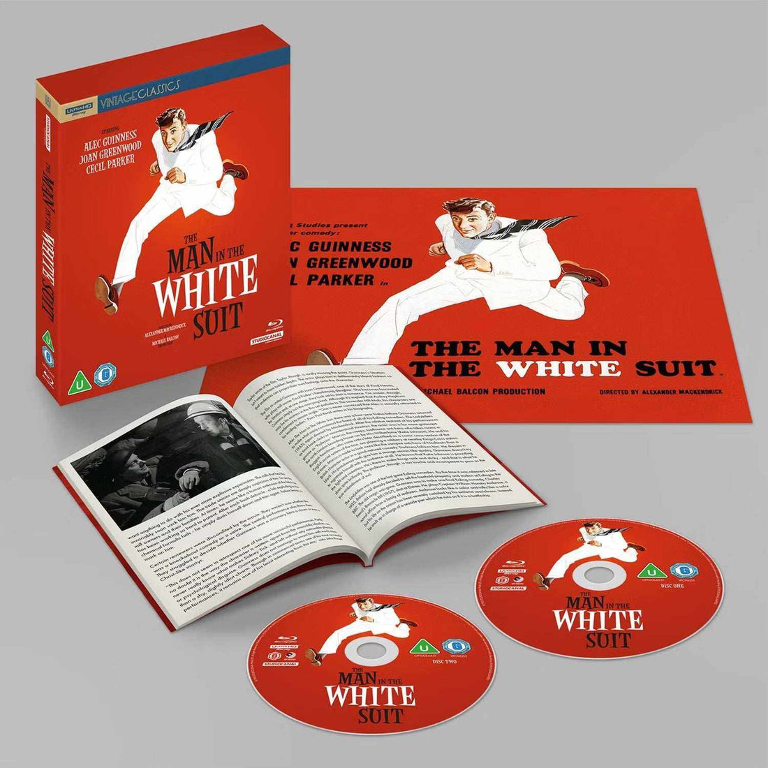 The Man In The White Suit limited collectors edition 4K Ultra HD and Blu-ray set with poster and booklet on red background