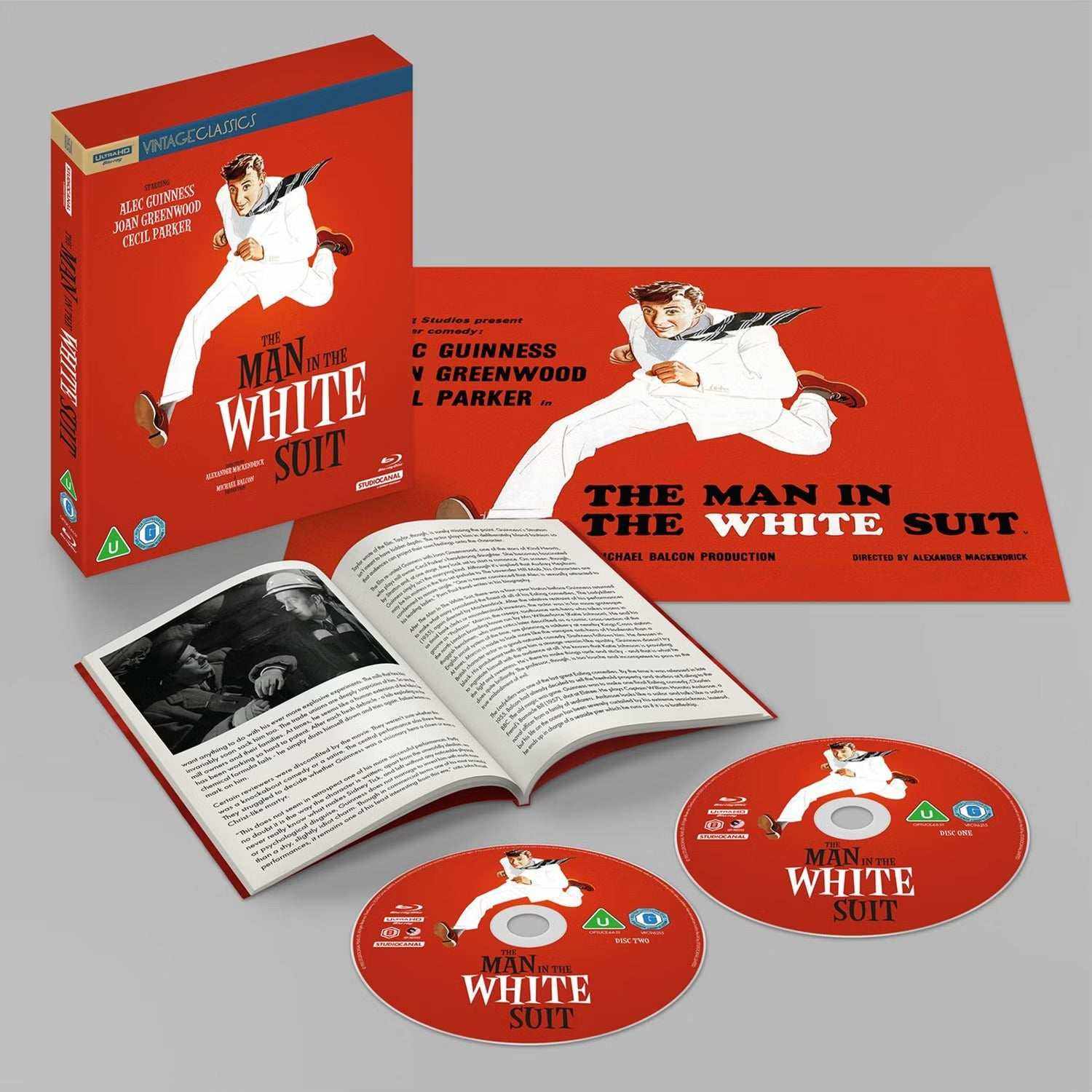 The Man In The White Suit limited collectors edition 4K Ultra HD and Blu-ray set with poster and booklet on red background