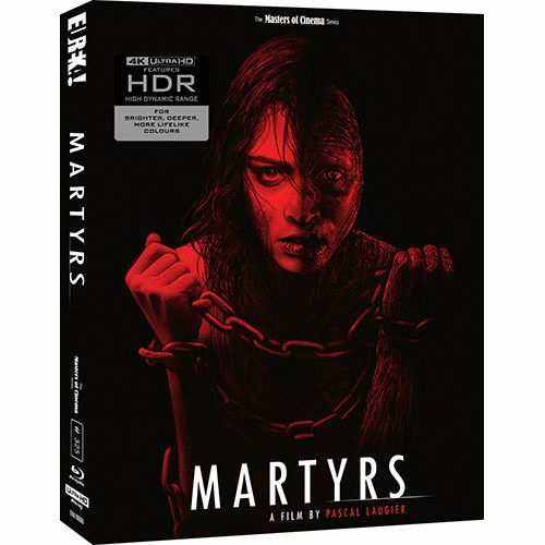 Martyrs (2008) Limited Edition 4K Ultra HD and Blu-Ray slipcase with red dark cover featuring chained woman and horror film branding.