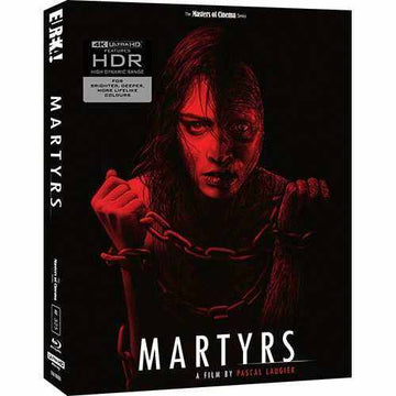 Martyrs (2008) Limited Edition 4K Ultra HD and Blu-Ray slipcase with red dark cover featuring chained woman and horror film branding.