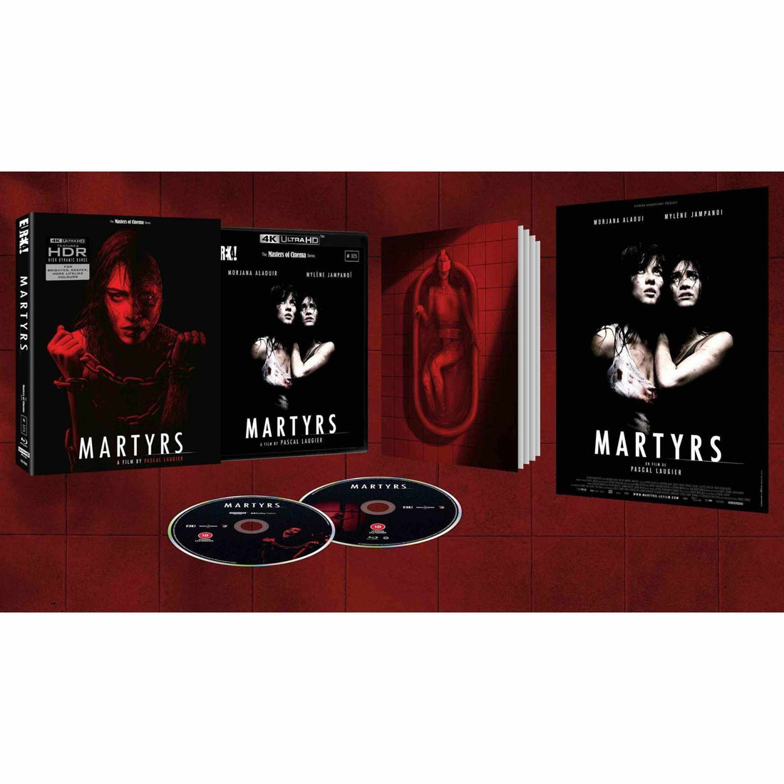 Martyrs (2008) Limited Edition 4K Ultra HD and Blu-Ray slipcase with red dark cover featuring chained woman and horror film branding.