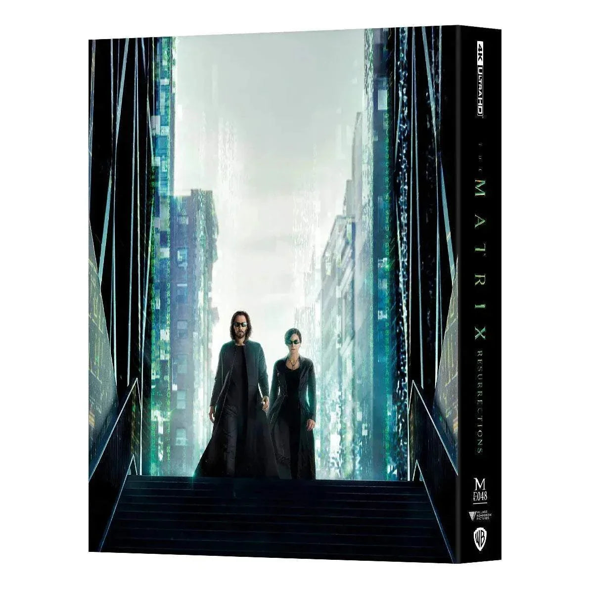 The Matrix Resurrections 4K UHD and Blu-Ray steelbook edition featuring Neo and Trinity walking down stairs in a futuristic cityscape.