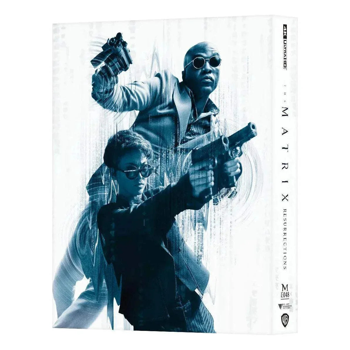 The Matrix Resurrections 4K UHD and Blu-Ray steelbook featuring characters with guns in a glossy, debossed design alongside a glow-in-the-dark Dejavu Cat figure gift set