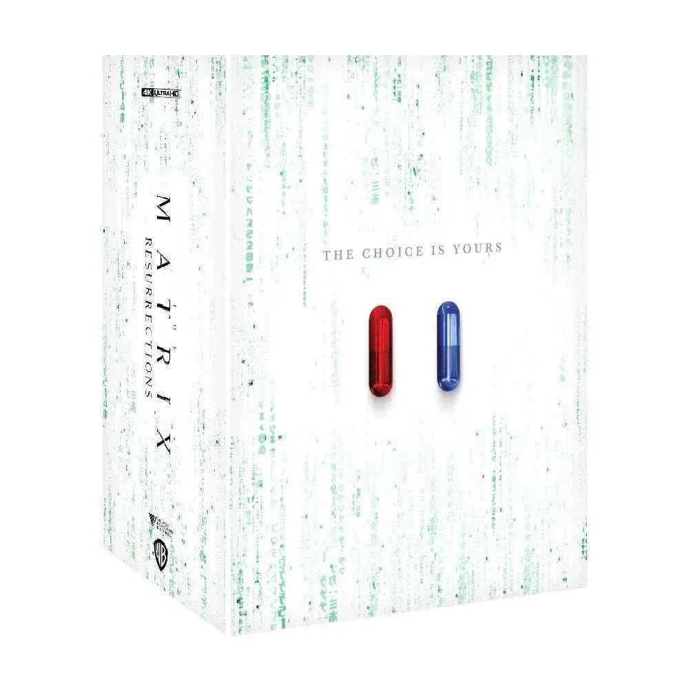 The Matrix Resurrections 4K UHD and Blu-Ray Steelbook box set with red and blue pills design and glow in the dark Dejavu Cat figure gift set