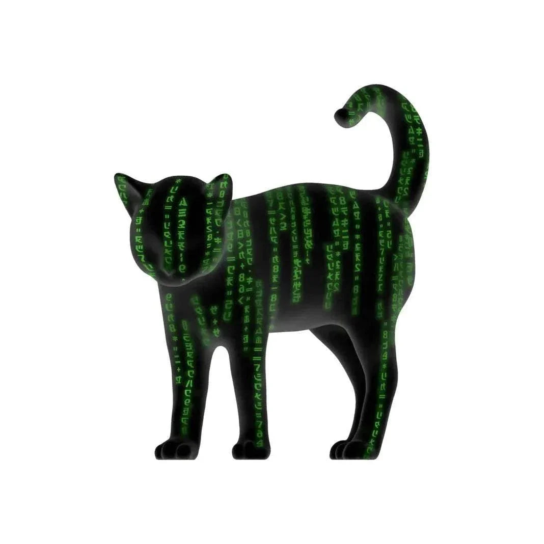 The Matrix Resurrections Dejavu Cat figure with glowing green code design