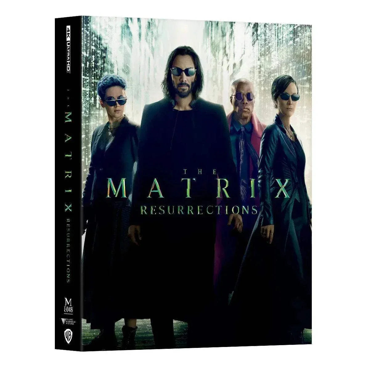 The Matrix Resurrections 4K UHD Blu-Ray Steelbook cover featuring main characters in dark attire with a digital green cityscape background