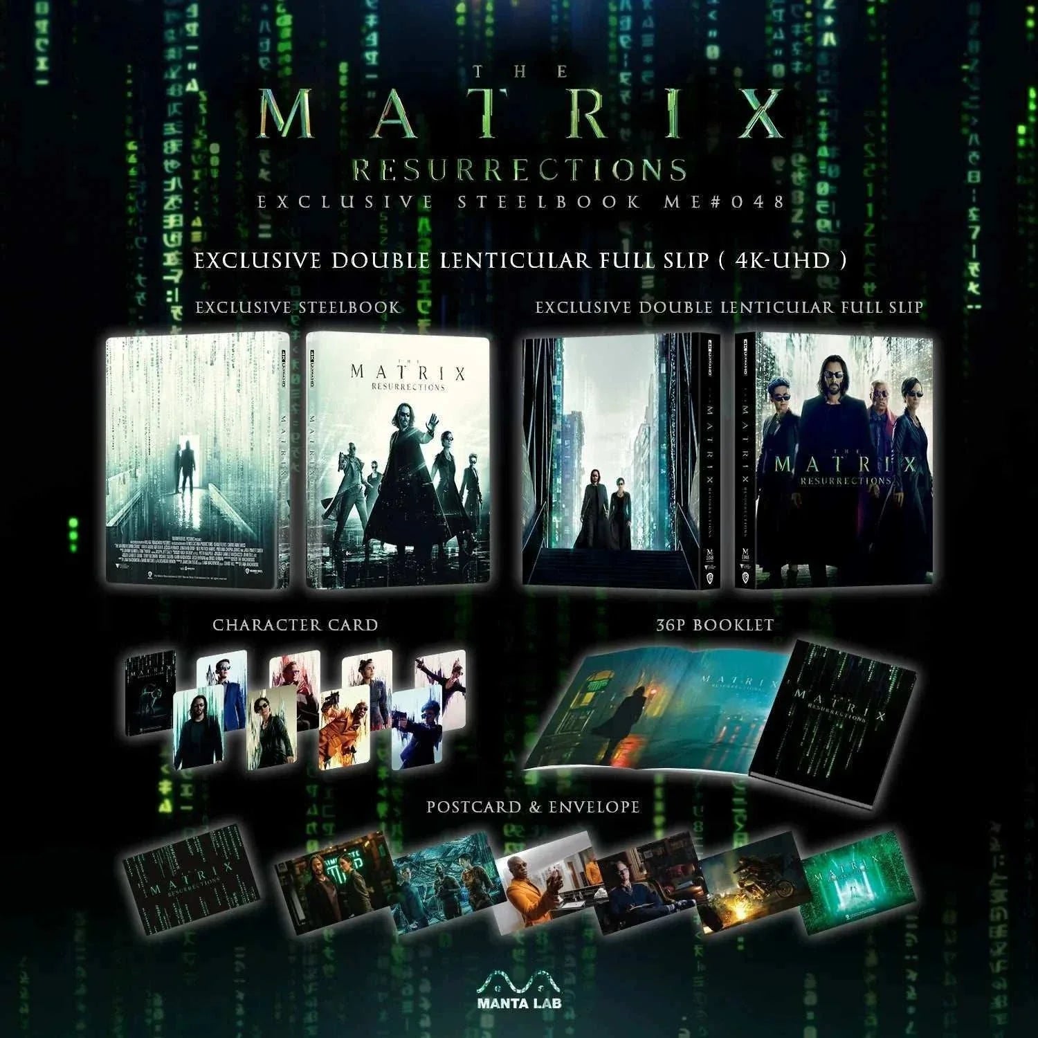 The Matrix Resurrections 4K UHD and Blu-Ray Steelbook set with exclusive lenticular full slip, character cards, 36-page booklet, postcards, and envelope, featuring glow-in-the-dark effects and limited edition design.