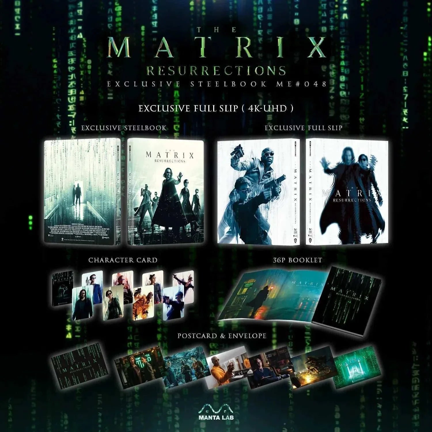 The Matrix Resurrections 4K UHD and Blu-Ray exclusive steelbook set with booklet, character cards, postcards, and glow-in-the-dark Dejavu cat figure.