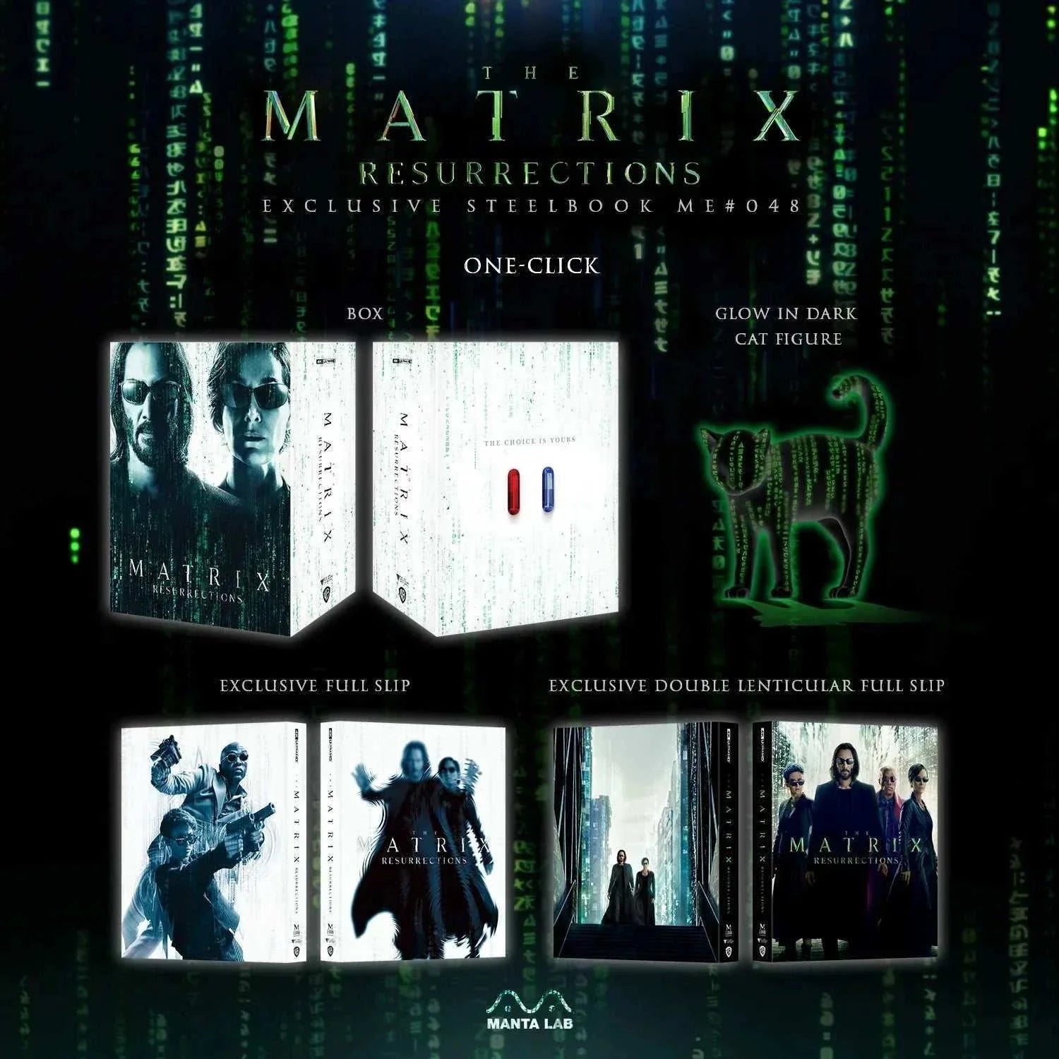 The Matrix Resurrections 4K UHD and Blu-Ray steelbook box set with exclusive glow-in-the-dark Dejavu cat figure and lenticular full slip covers.