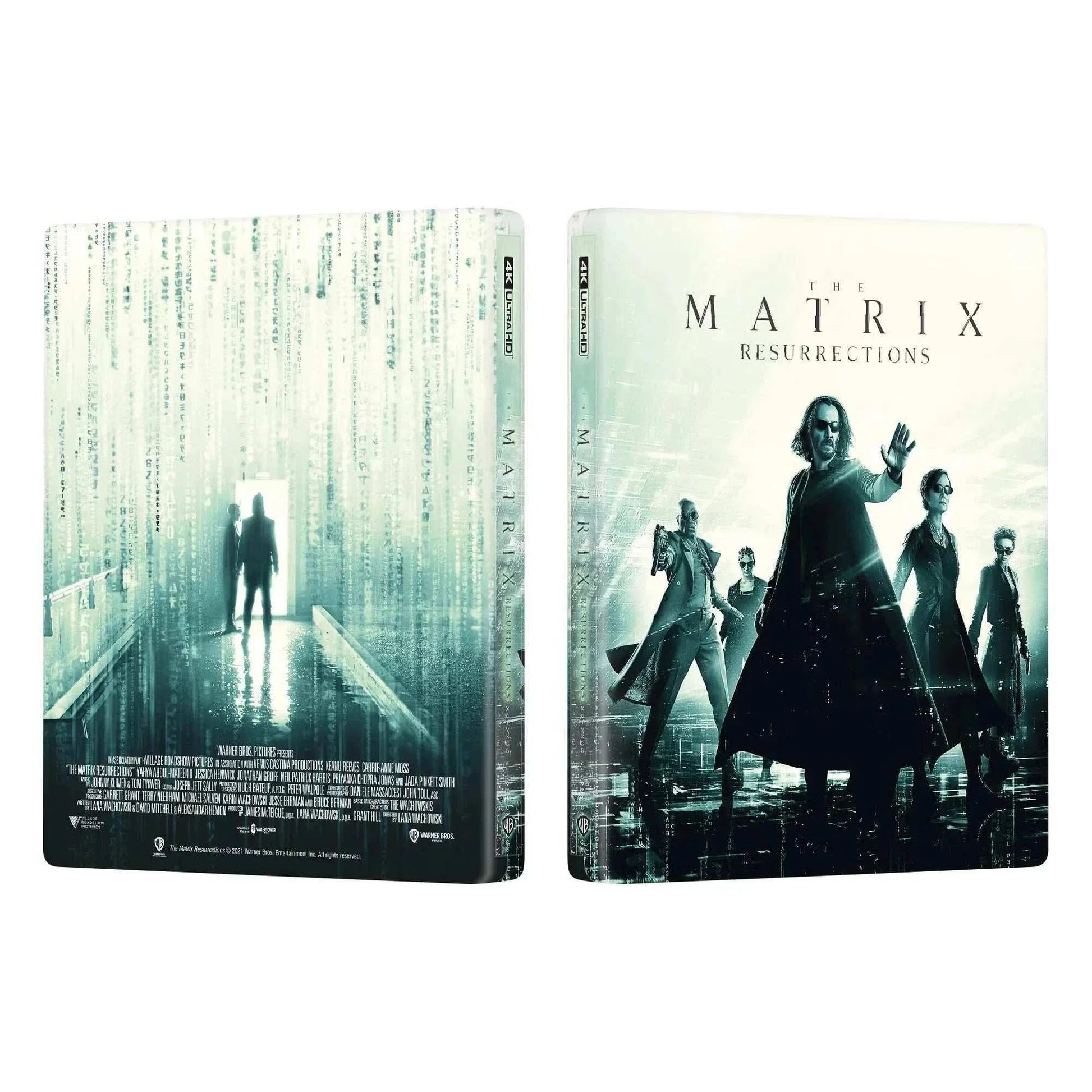 The Matrix Resurrections 4K UHD and Blu-Ray steelbook set with exclusive glossy finish and embossed design featuring characters on the cover.