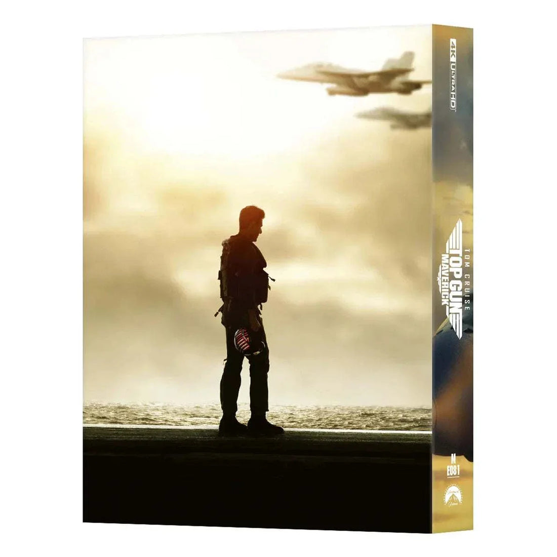 Top Gun Maverick 4K UHD Blu-Ray Steelbook featuring pilot in flight suit standing by fighter jet at sunset