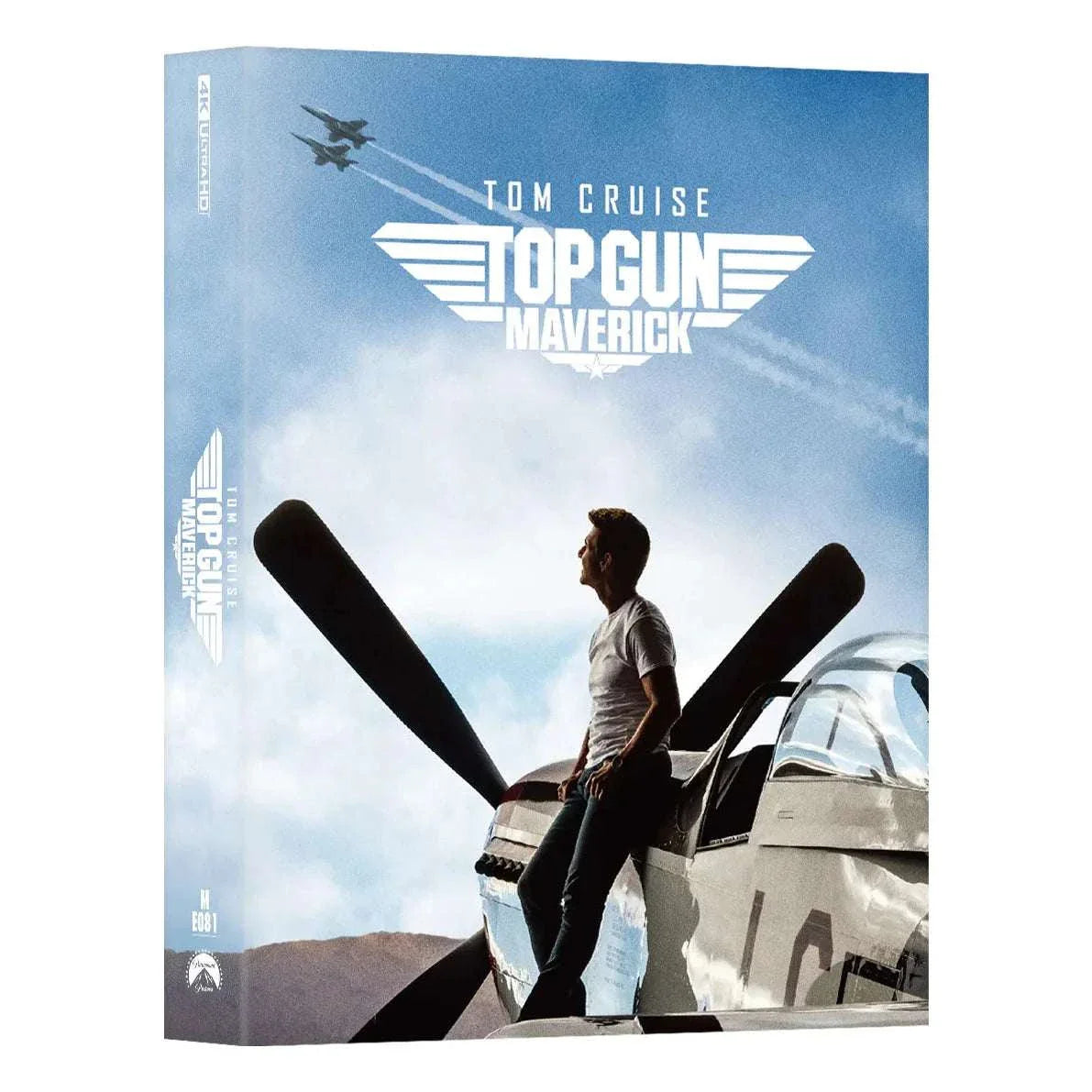 Top Gun: Maverick 4K UHD and Blu-Ray Steelbook full slip edition featuring Tom Cruise leaning on a fighter plane with two jets flying overhead