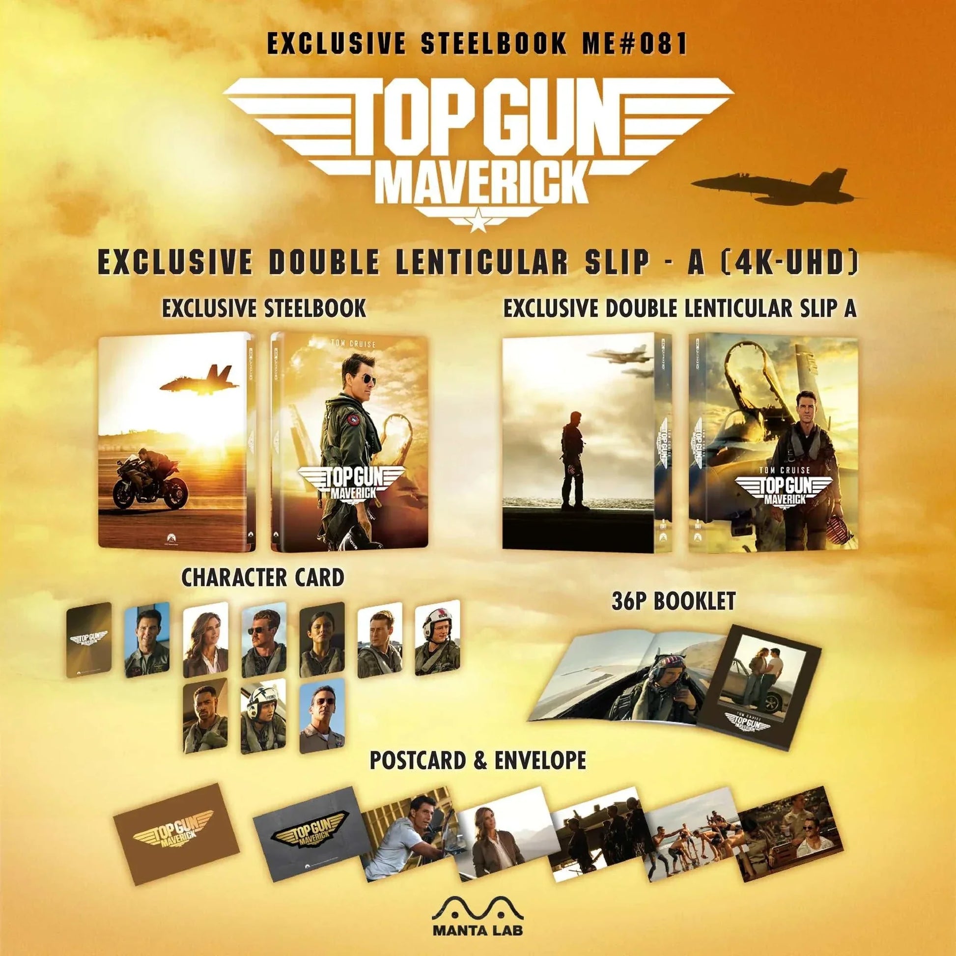 Top Gun: Maverick 4K UHD and Blu-Ray steelbook set with exclusive lenticular slip, character cards, 36-page booklet, postcards, and envelope.