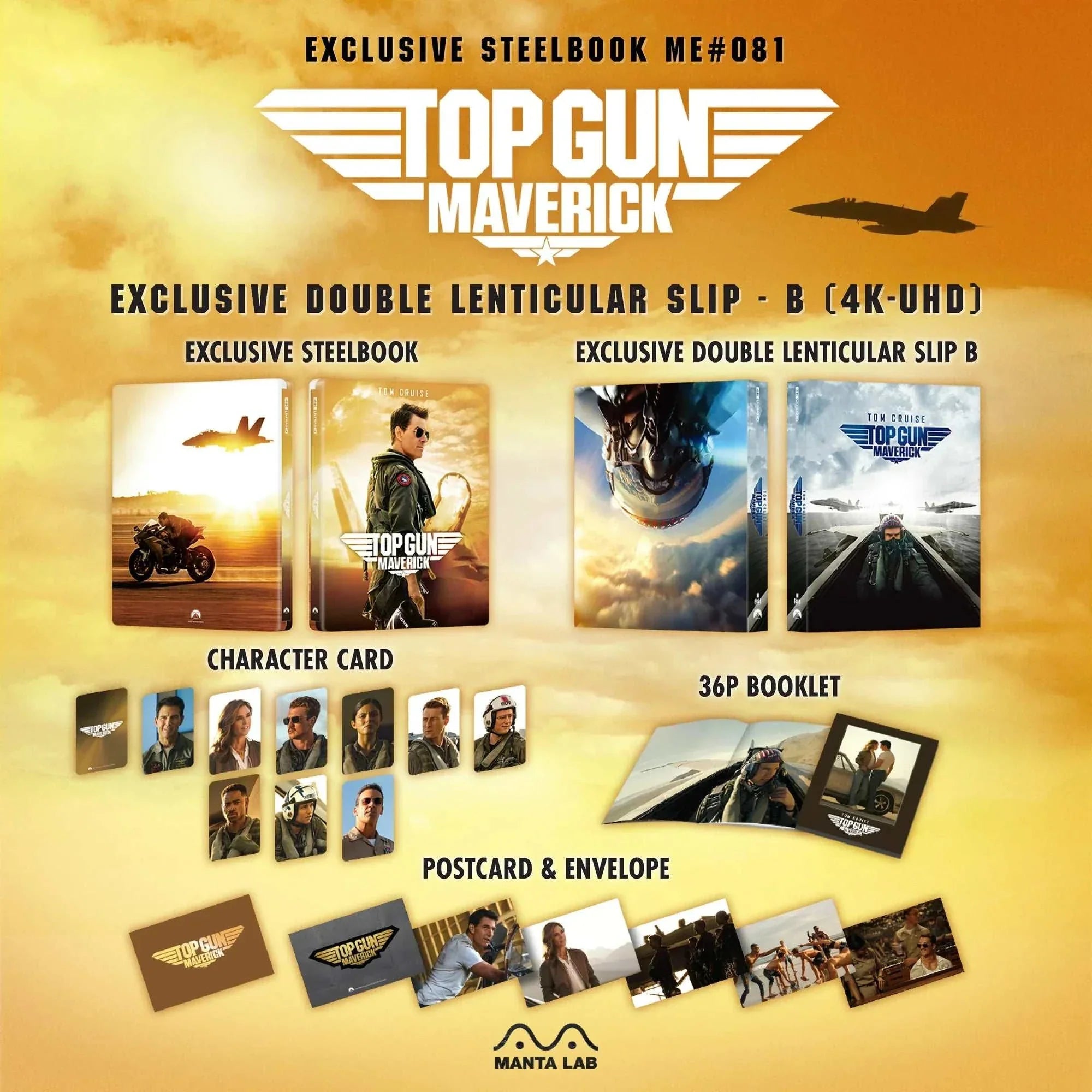 Top Gun: Maverick 4K UHD and Blu-Ray steelbook set with double lenticular slip, booklet, postcards, character cards, and exclusive design by Manta Lab