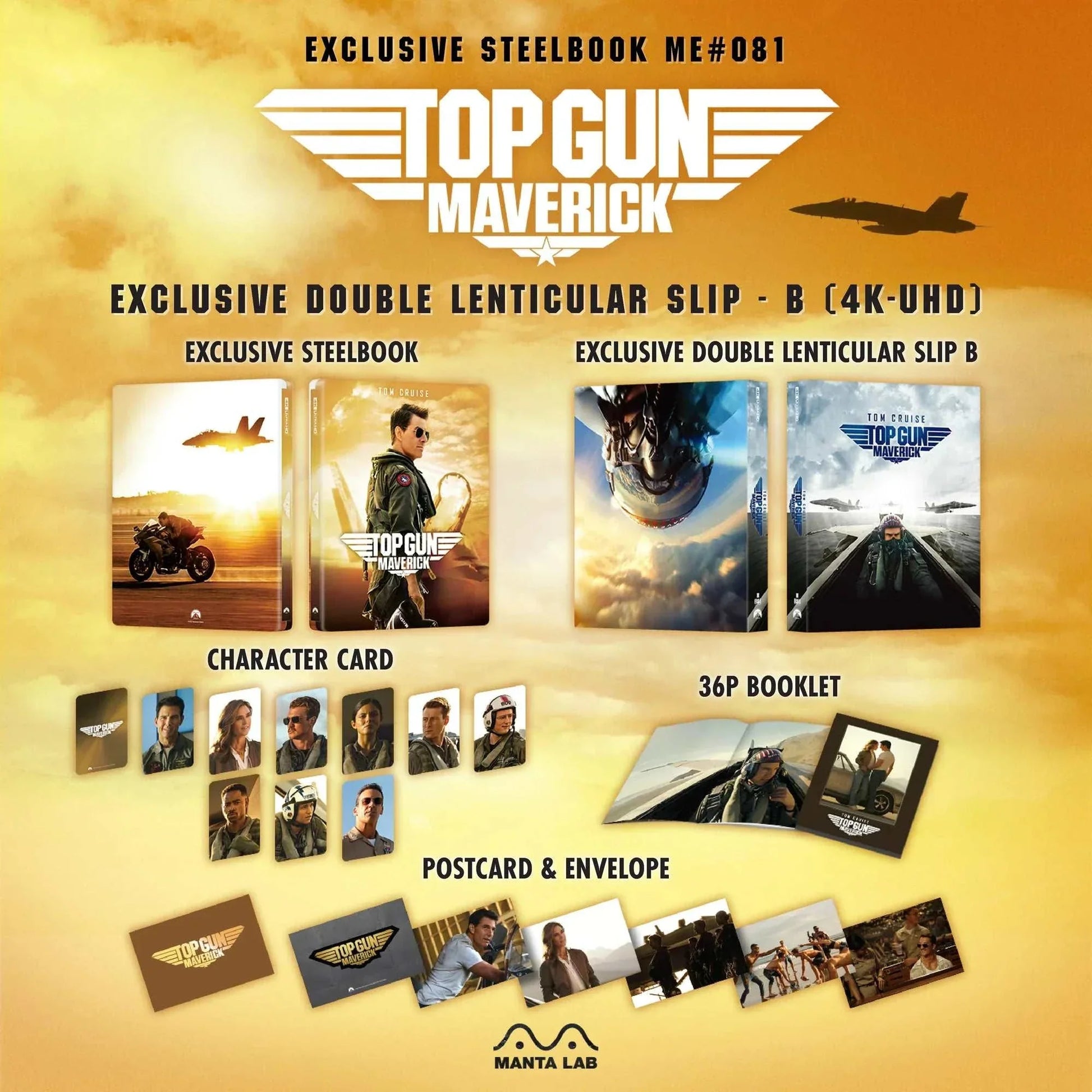 Top Gun: Maverick exclusive 4K UHD and Blu-Ray steelbook set with lenticular slip, booklet, postcards, and character cards.