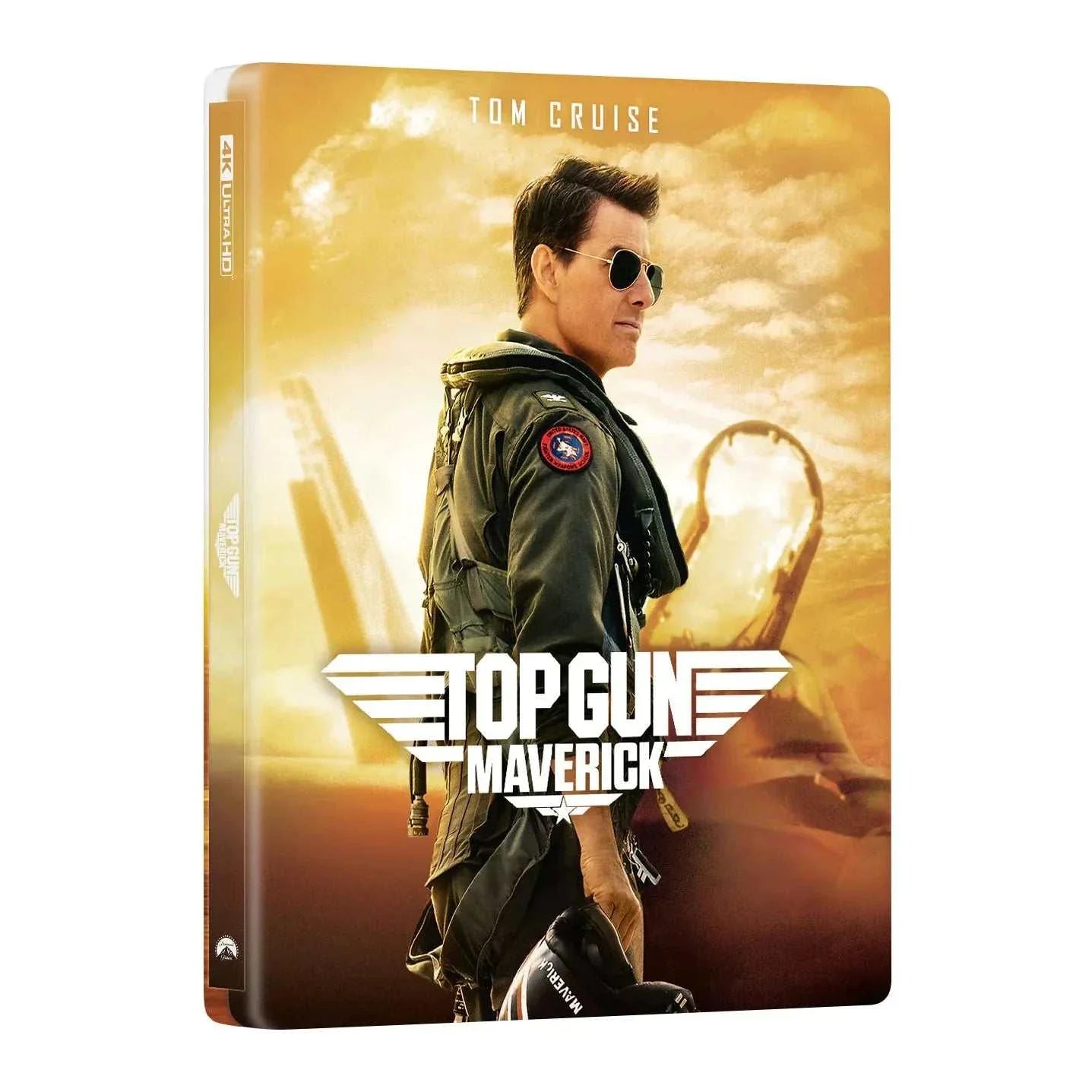 Top Gun: Maverick 4K UHD Blu-Ray steelbook featuring Tom Cruise in aviator suit with fighter jet background and lenticular full slip design