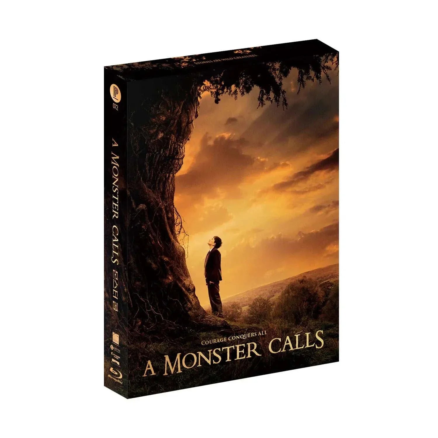 A Monster Calls Blu-ray steelbook with exclusive cover art and full slip case featuring a boy standing before a giant tree monster at sunset