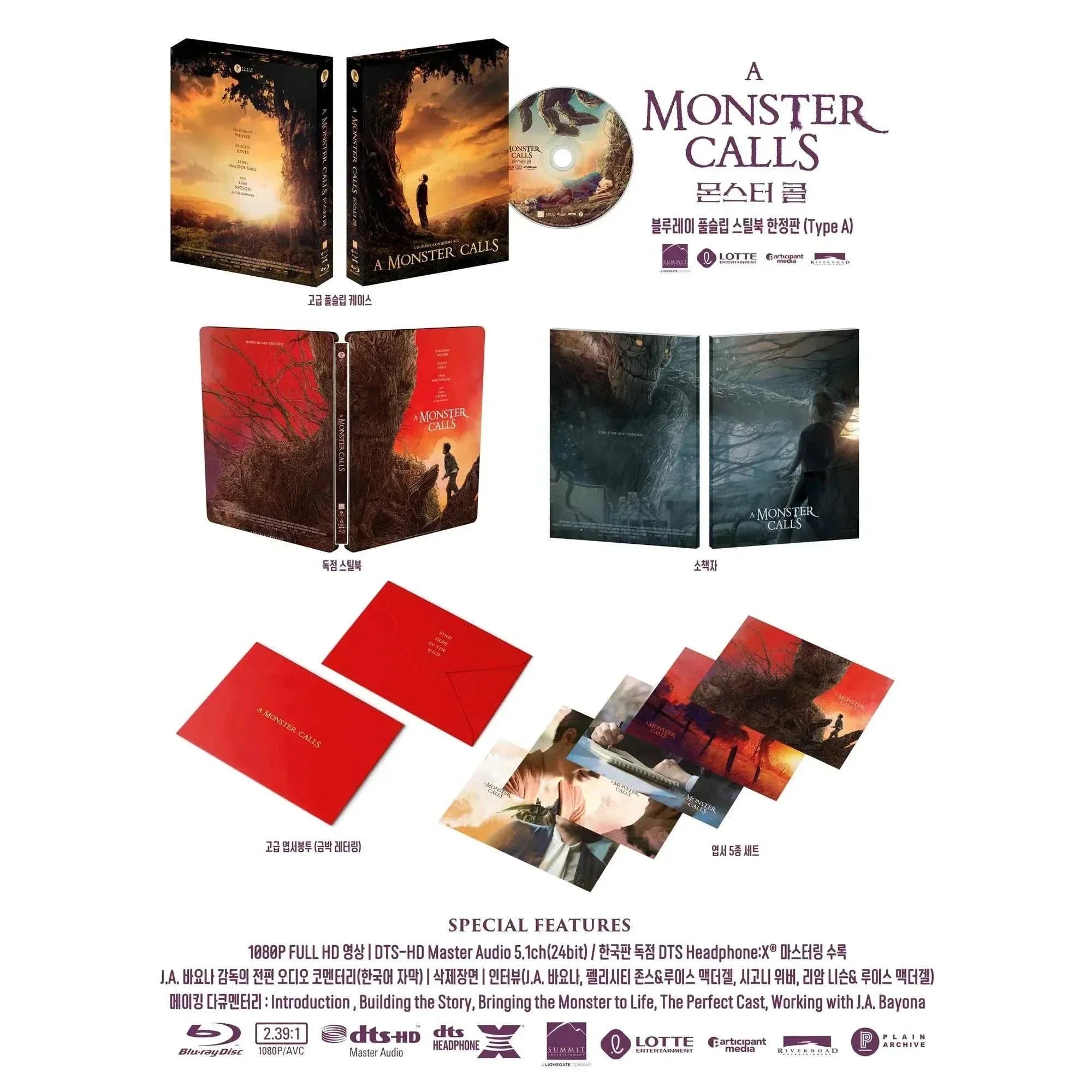 A Monster Calls Blu-ray Steelbook Type A edition with full slip, exclusive cover artwork, slipbox, postcard set, and mini booklet, featuring DTS Headphone:X and bonus audio commentary.