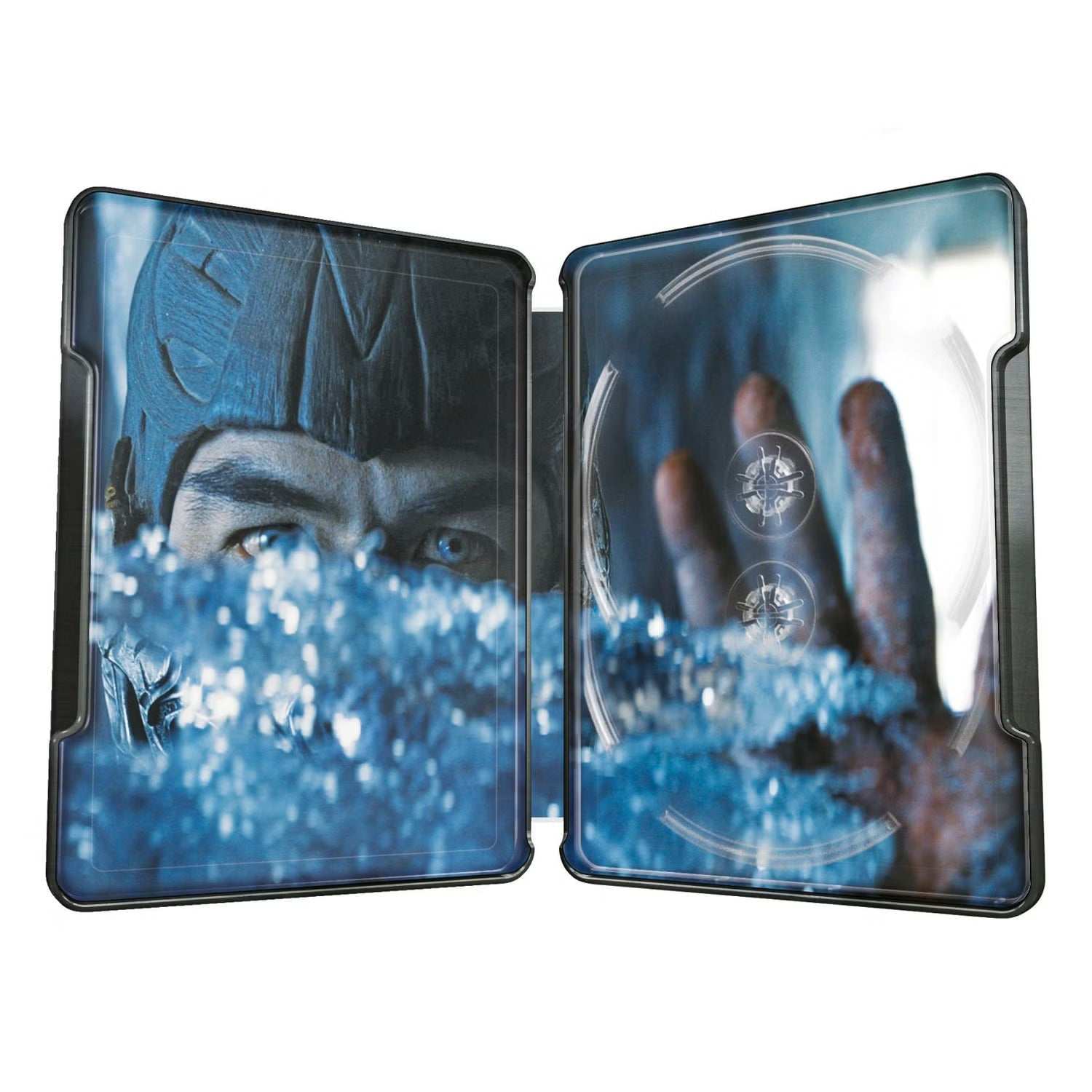 Mortal Kombat (2021) UK limited edition steelbook open showing Sub-Zero artwork with icy blue tones for 4K Ultra HD Blu-Ray packaging
