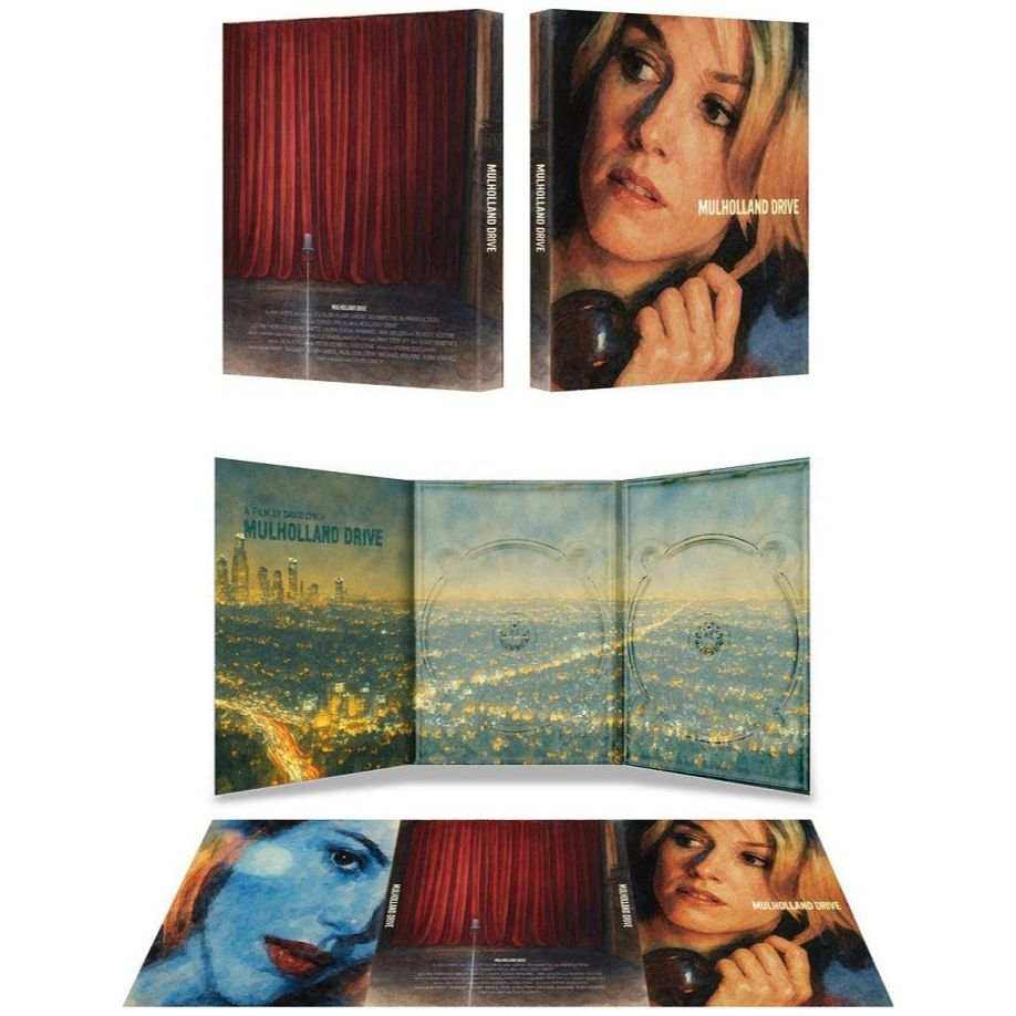 Mulholland Drive Digipack limited edition 4K UHD and Blu-Ray set with matching number slipcase, booklet, and art cards featuring film artwork and cityscape design.