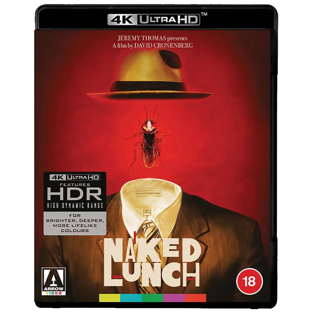 Naked Lunch Limited Edition 4K Ultra HD Blu-ray with rigid slipcase and extras, featuring surreal film artwork and HDR logo.