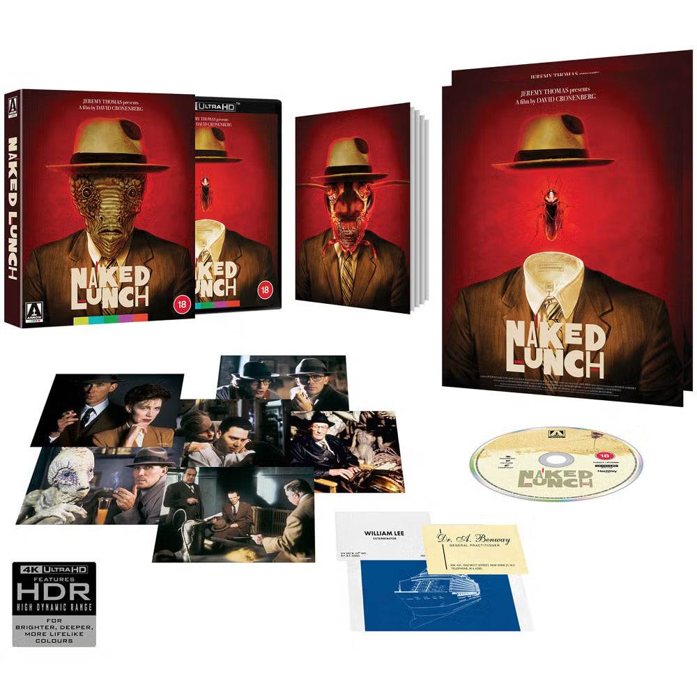 Naked Lunch Limited Edition 4K Ultra HD set with rigid slipcase, Blu-ray disc, poster, art cards, booklet, and collector's extras