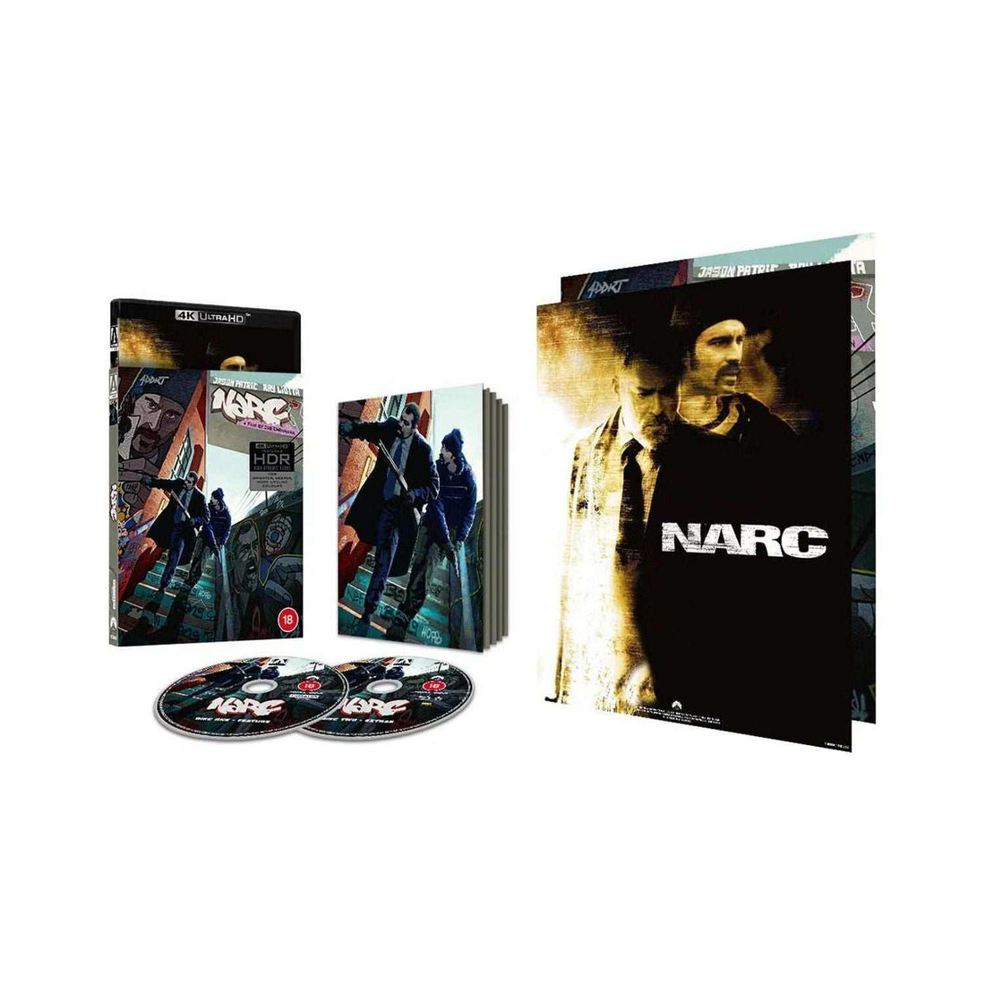 Narc Limited Edition 4K Ultra HD Blu-ray cover featuring stylized graffiti art and police figures with HDR label and age restriction mark